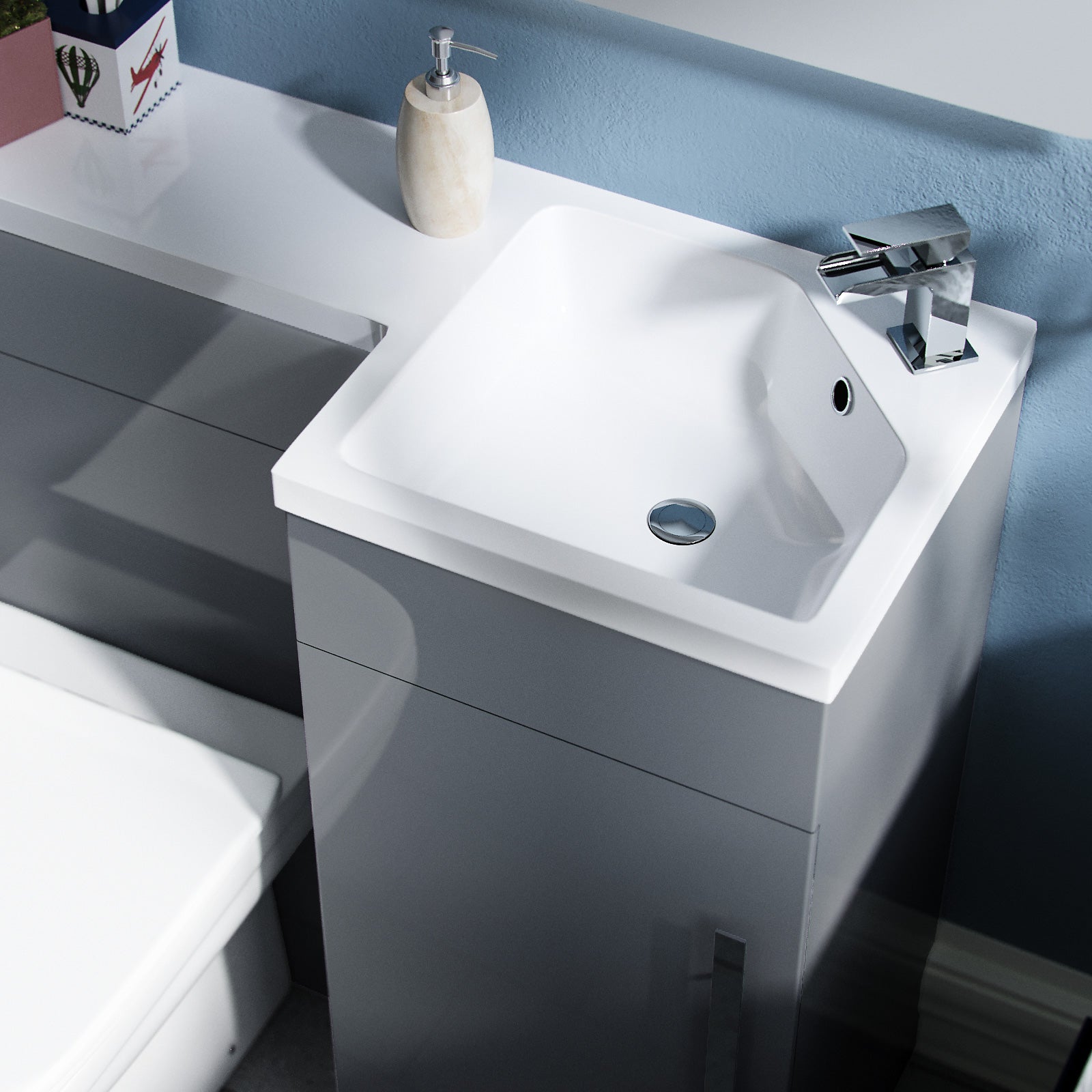 Alaska Flat Packed Compact 900mm Grey L-Shape Right Hand Vanity Unit and Toilet Bathroom