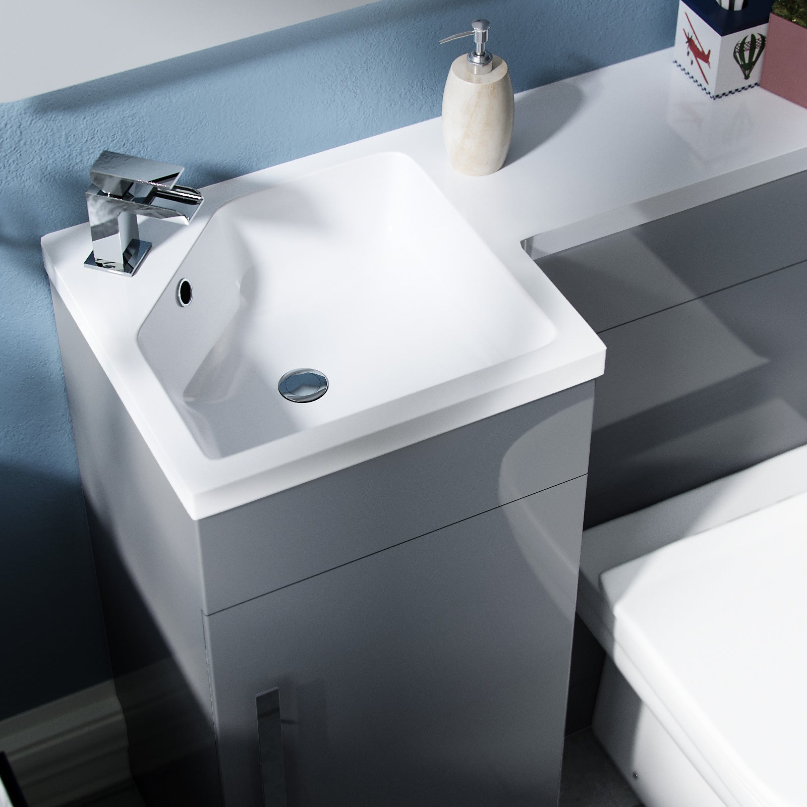 Alaska Flat Packed Compact 900mm Grey L-Shape Left Hand Vanity Unit and Toilet Bathroom