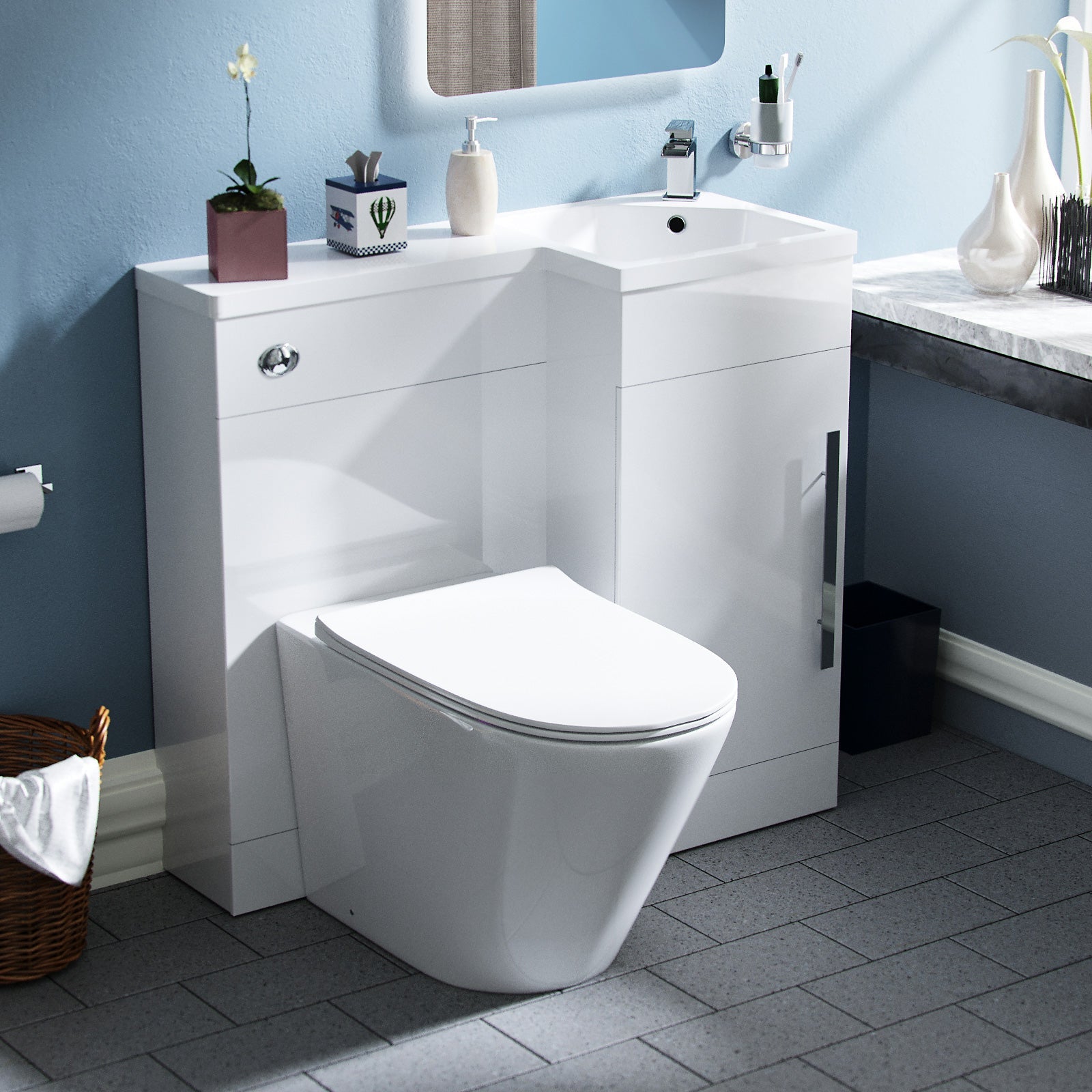 Alaska 900mm Flat Pack Vanity Basin Unit, WC Unit & Ellis UF Back To Wall Toilet White