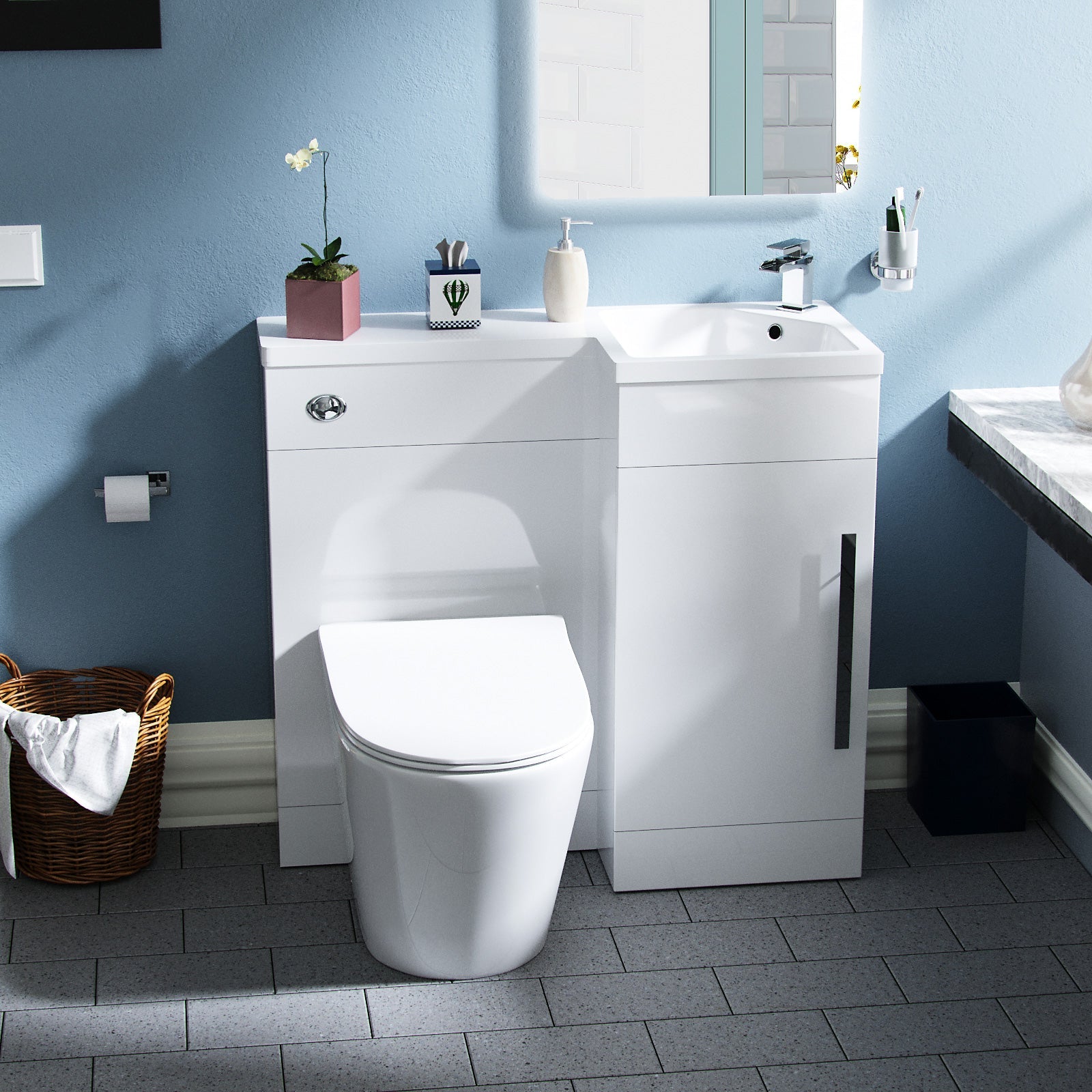 Alaska 900mm Flat Pack Vanity Basin Unit, WC Unit & Ellis UF Back To Wall Toilet White