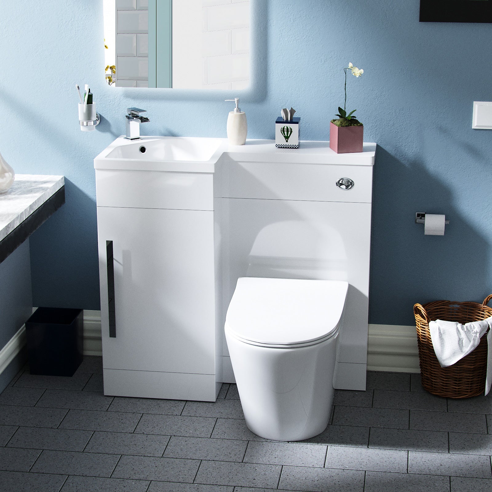 Alaska 900mm Flat Pack Vanity Basin Unit, WC Unit & Ellis UF Back To Wall Toilet White