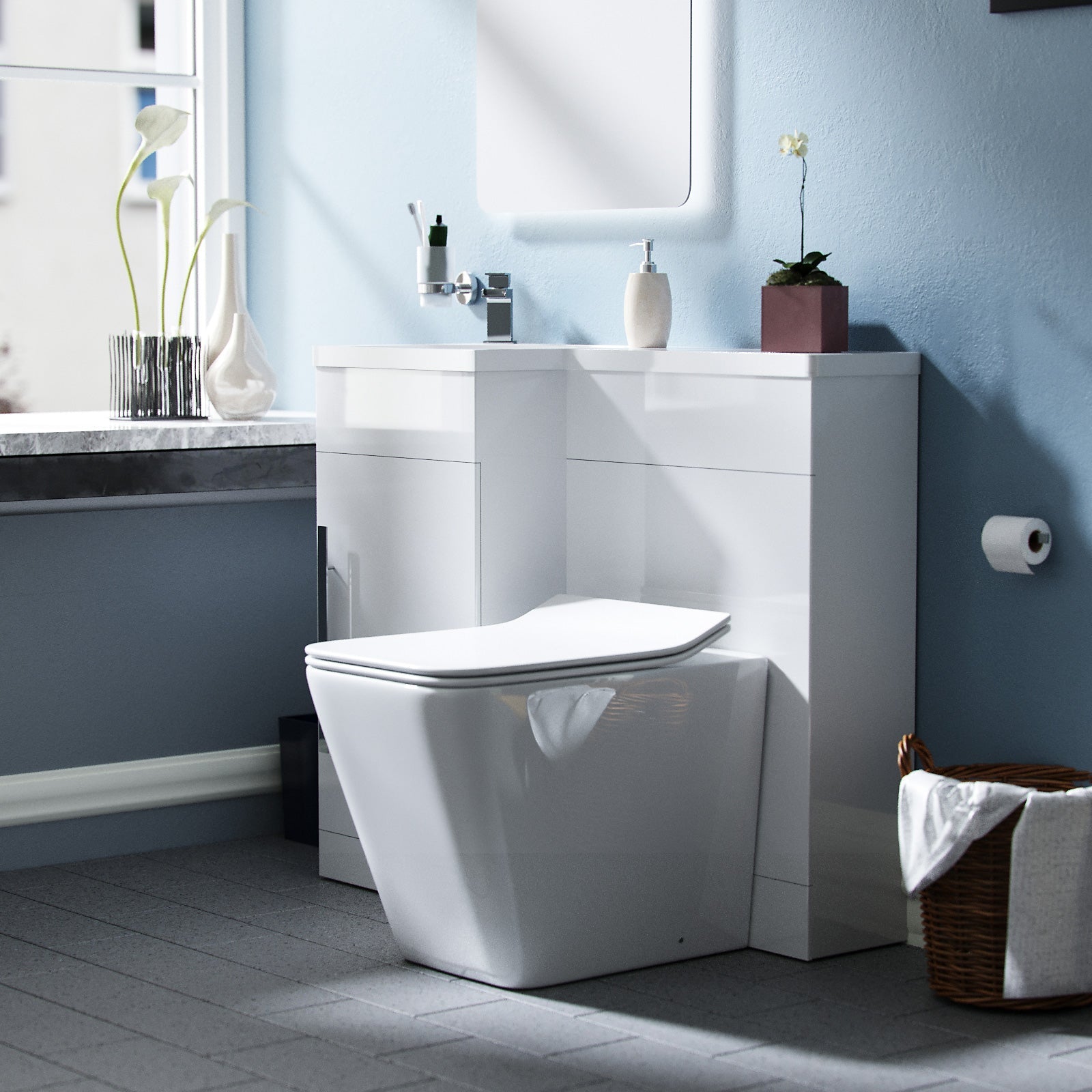 Alaska 900mm Flat Pack Vanity Basin Unit, WC Unit & Ellis UF Back To Wall Toilet White