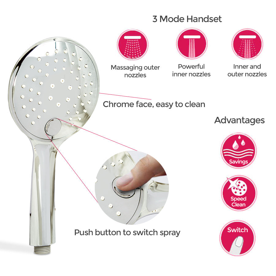 Lilly 3 Dial 2 Way Round Concealed Thermostatic Mixer Valve, Round Handset & Shower Head Chrome