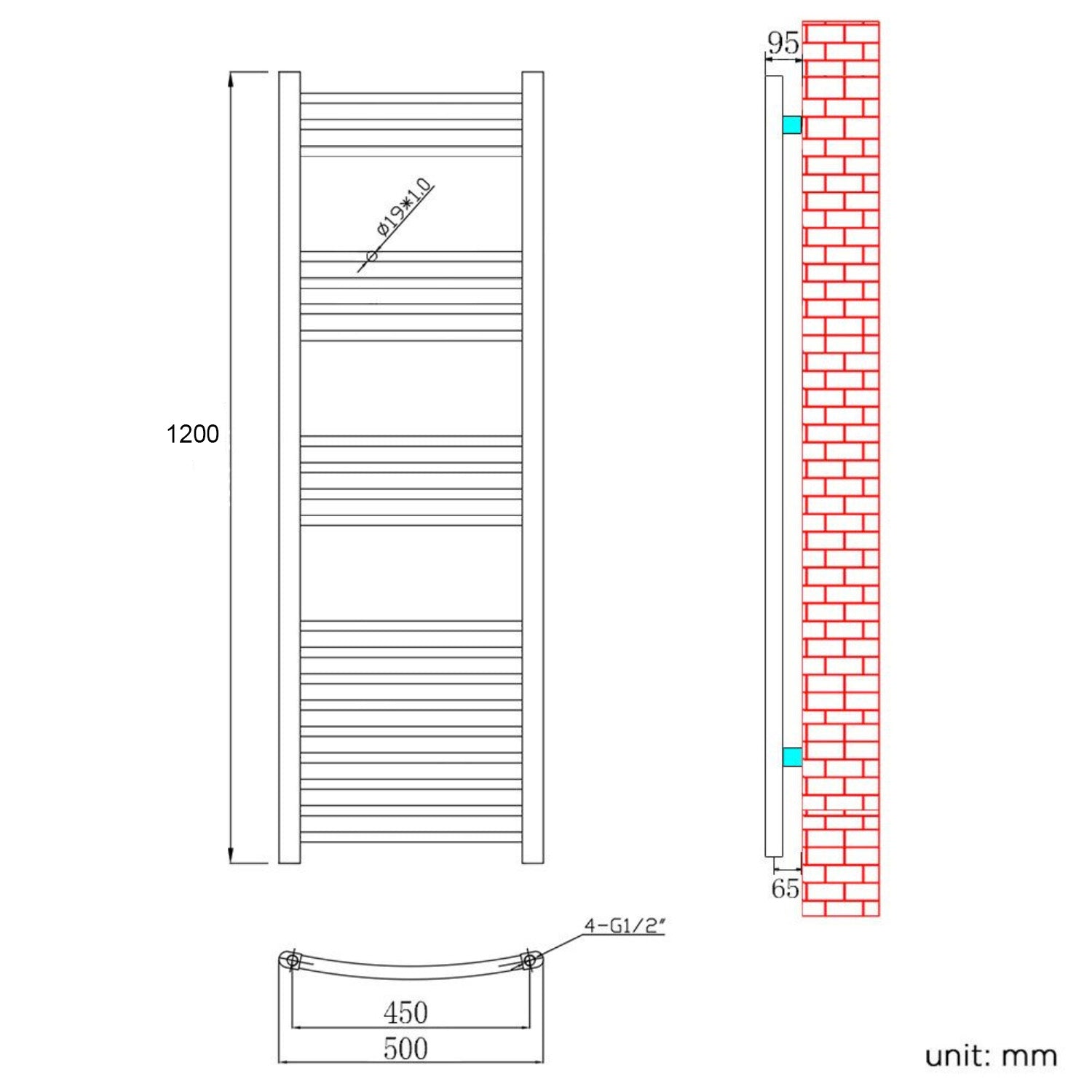 Honeywell 1200 X 500 mm Horizontal Curved Chrome Towel Rail Radiator