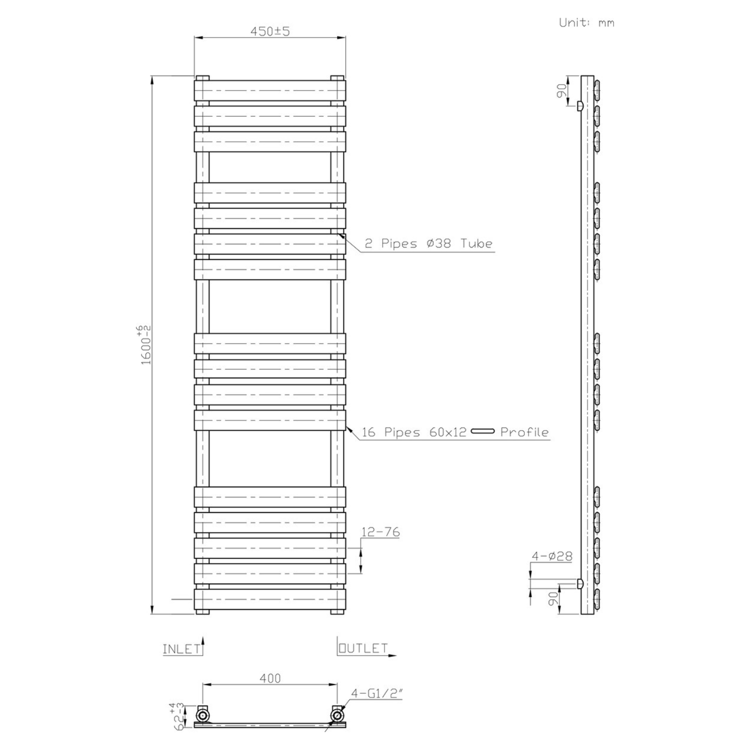 Towel Rail Radiator 1600 X 500 mm Straight White
