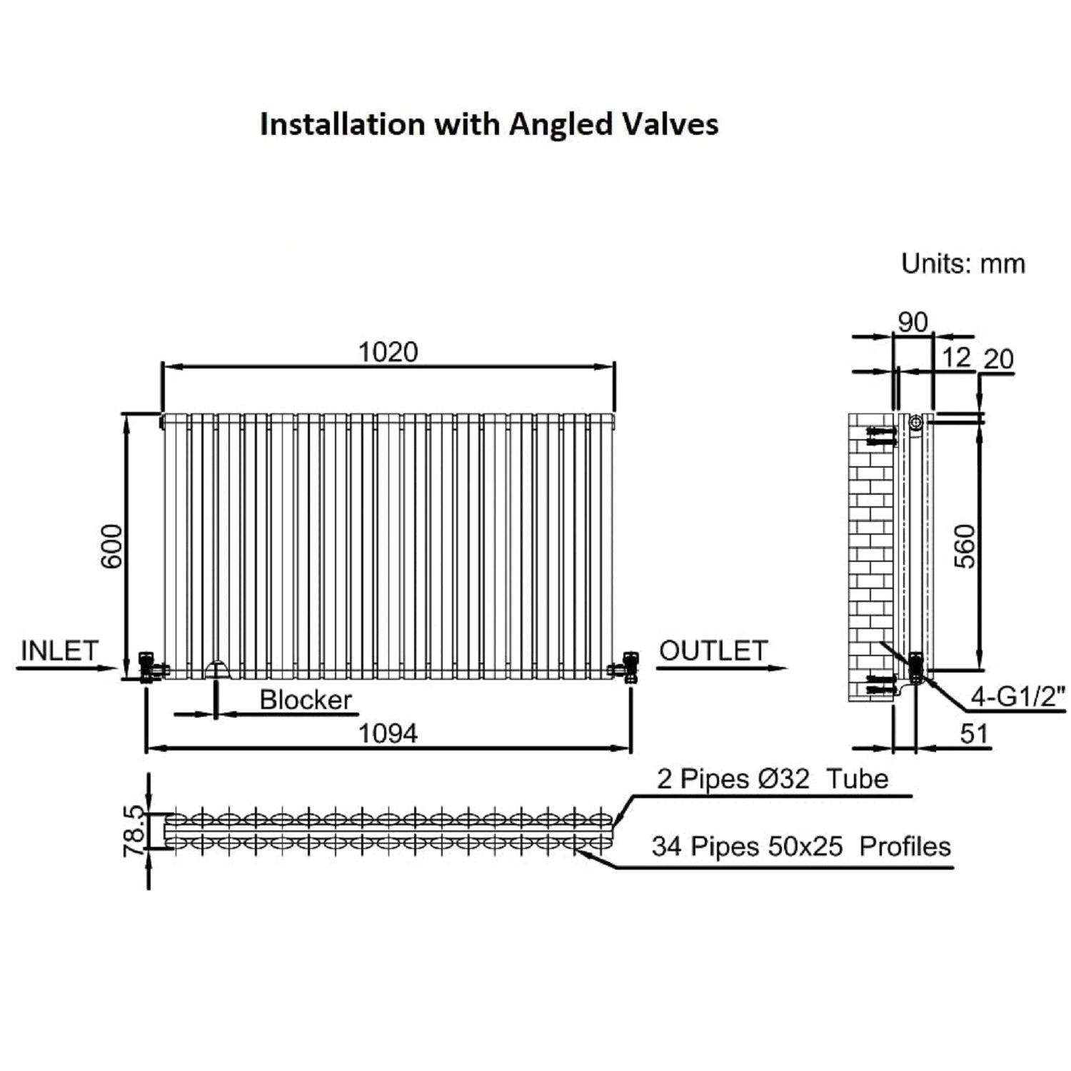 Honeywell Double Oval Designer Horizontal Radiator 600mm H x 1020mm W - White