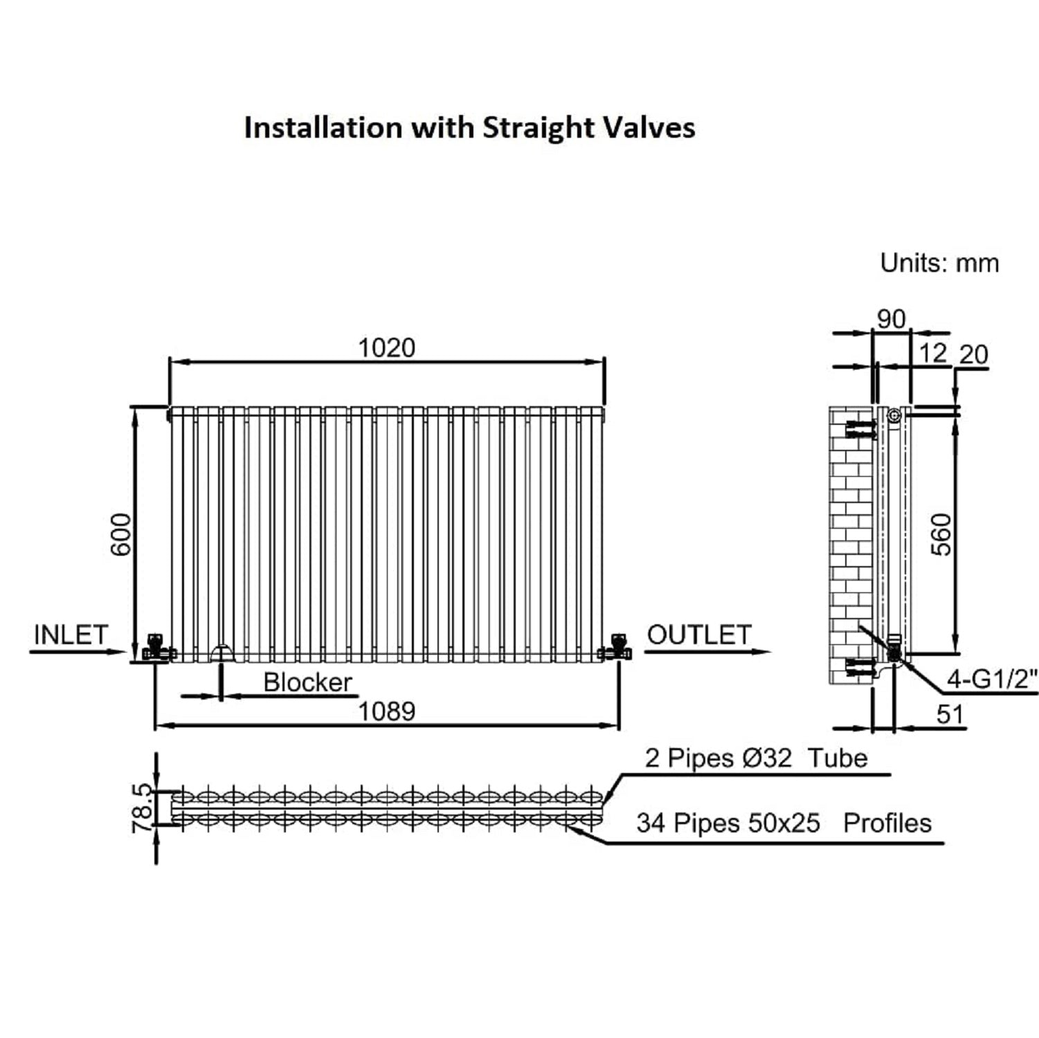 Honeywell Double Oval Designer Horizontal Radiator 600mm H x 1020mm W - White