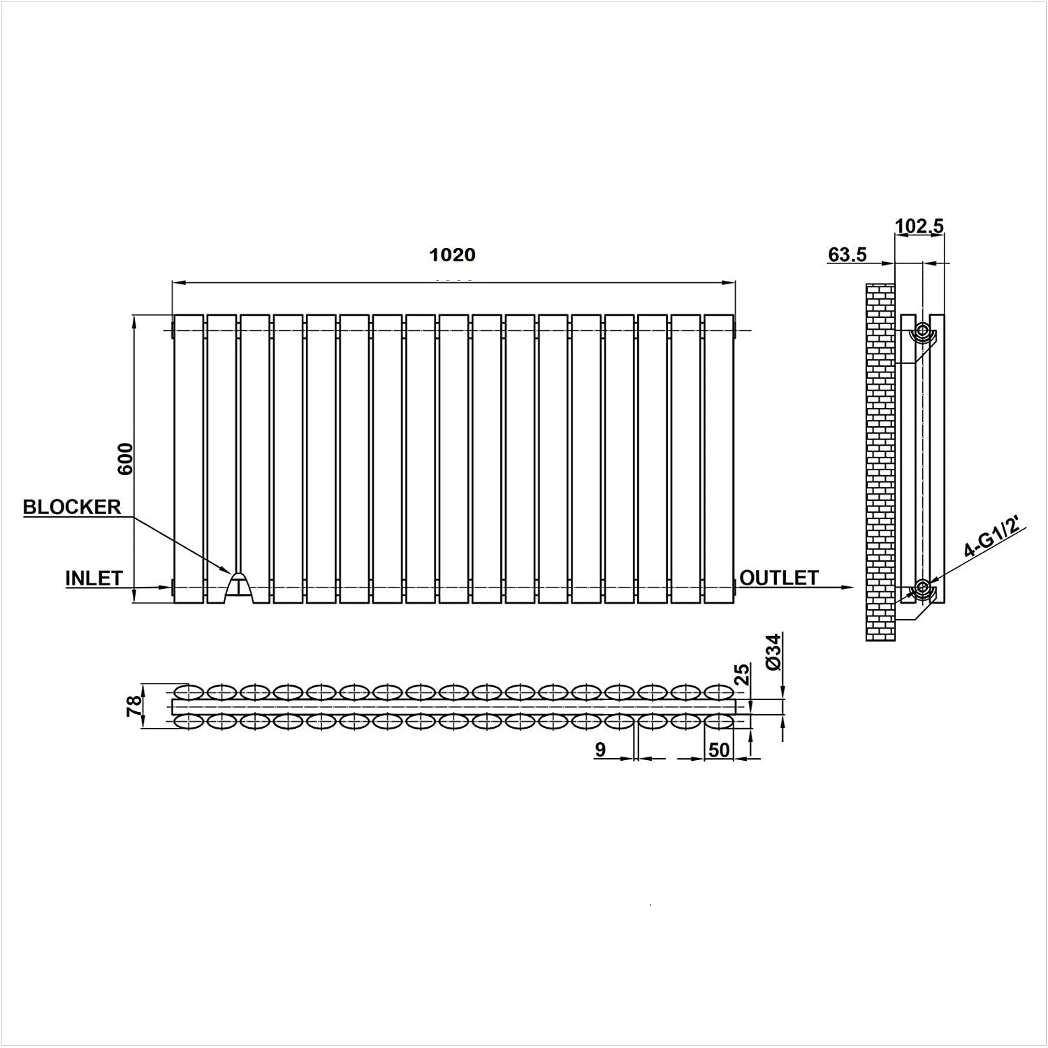 Honeywell Double Oval Designer Horizontal Radiator 600mm H x 1020mm W - Matte Black