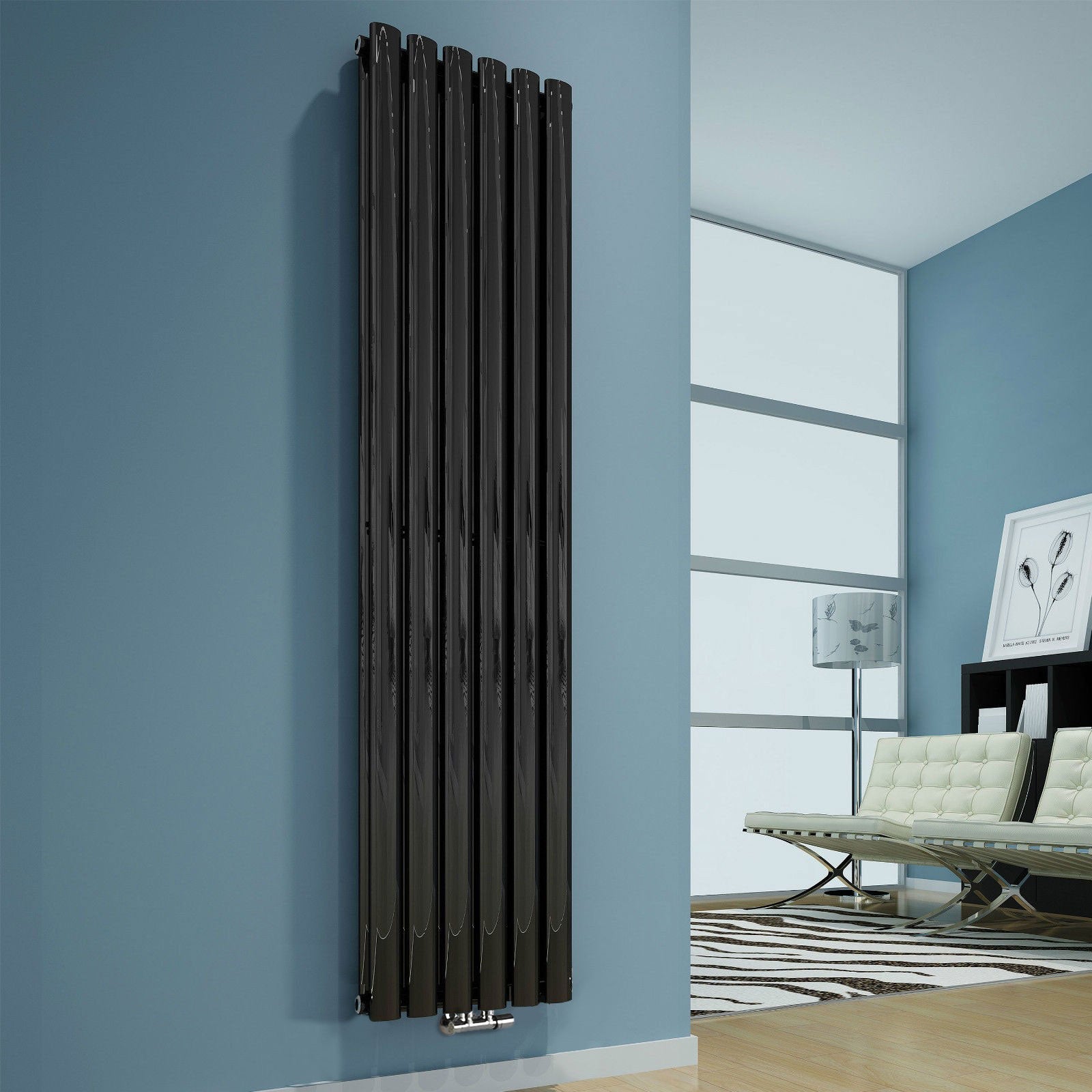 Vertical Central Connection Radiator Black Double Oval Tube 1800 x 360 mm