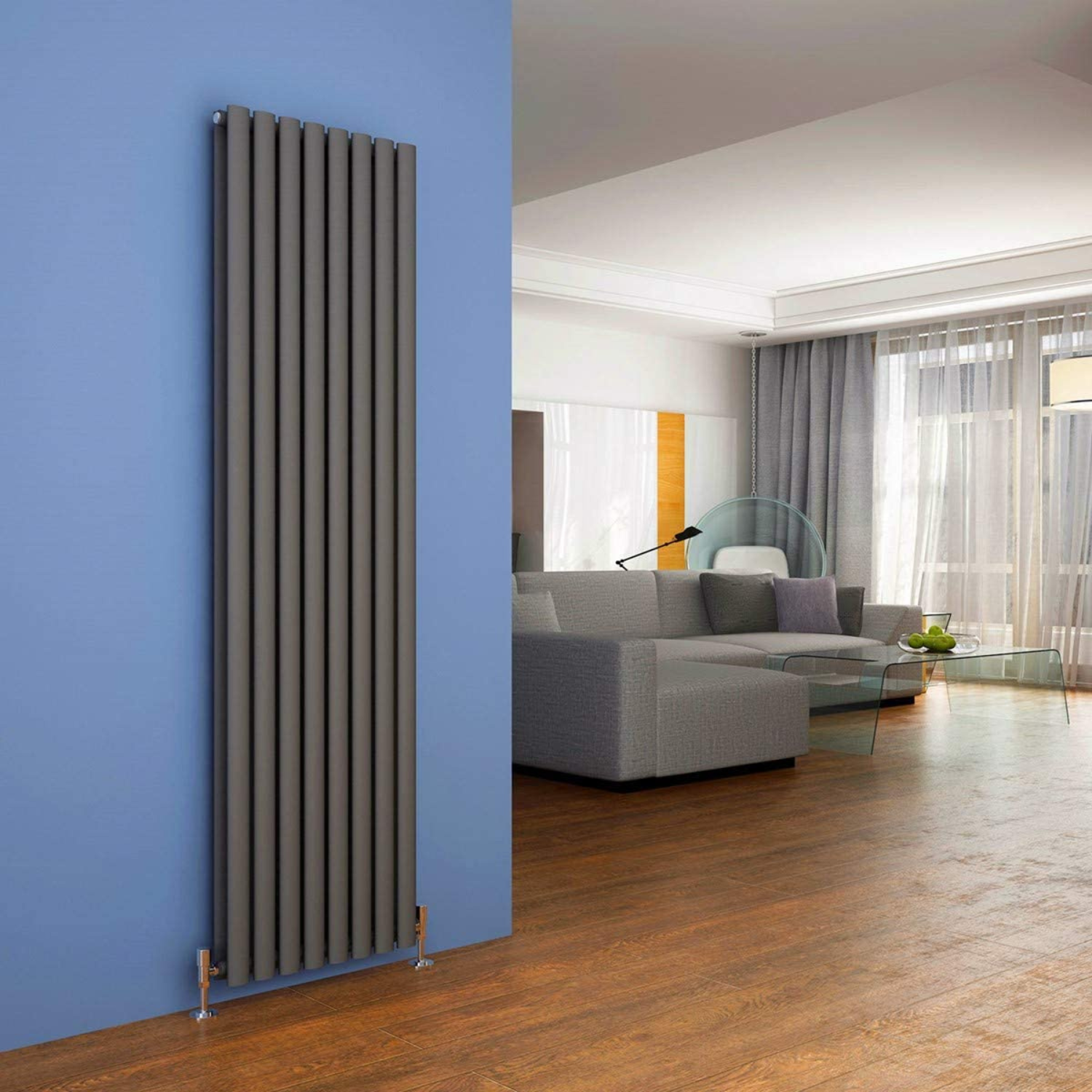 Vertical radiator against a blue wall in a modern living room.