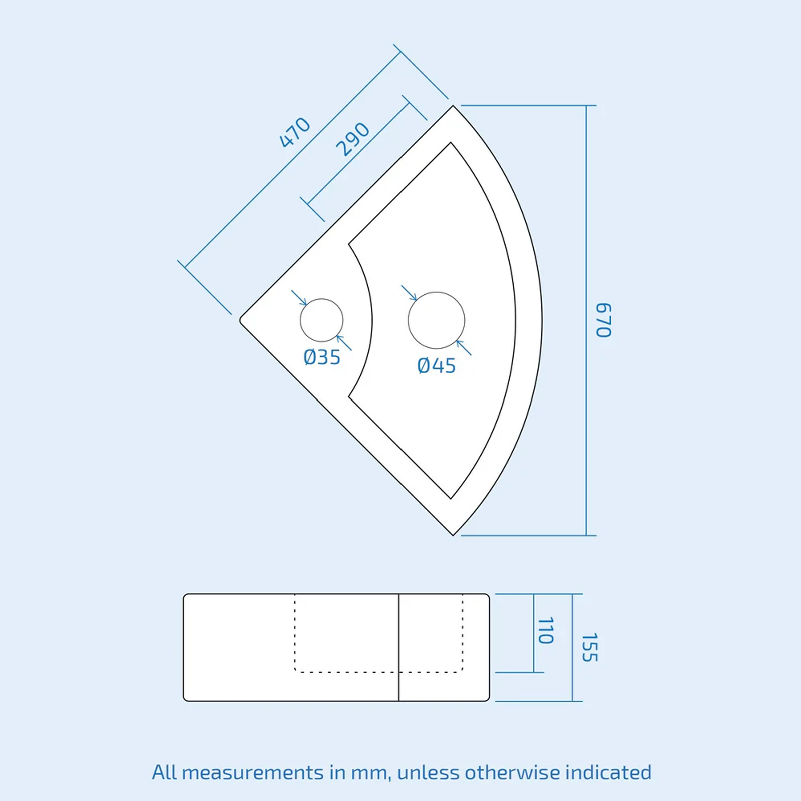 Tulla 670 x 470mm Cloakroom Quarter Circle Corner Basin & Theo Rimless Toilet & Chrome Basin Tap & Waste Set