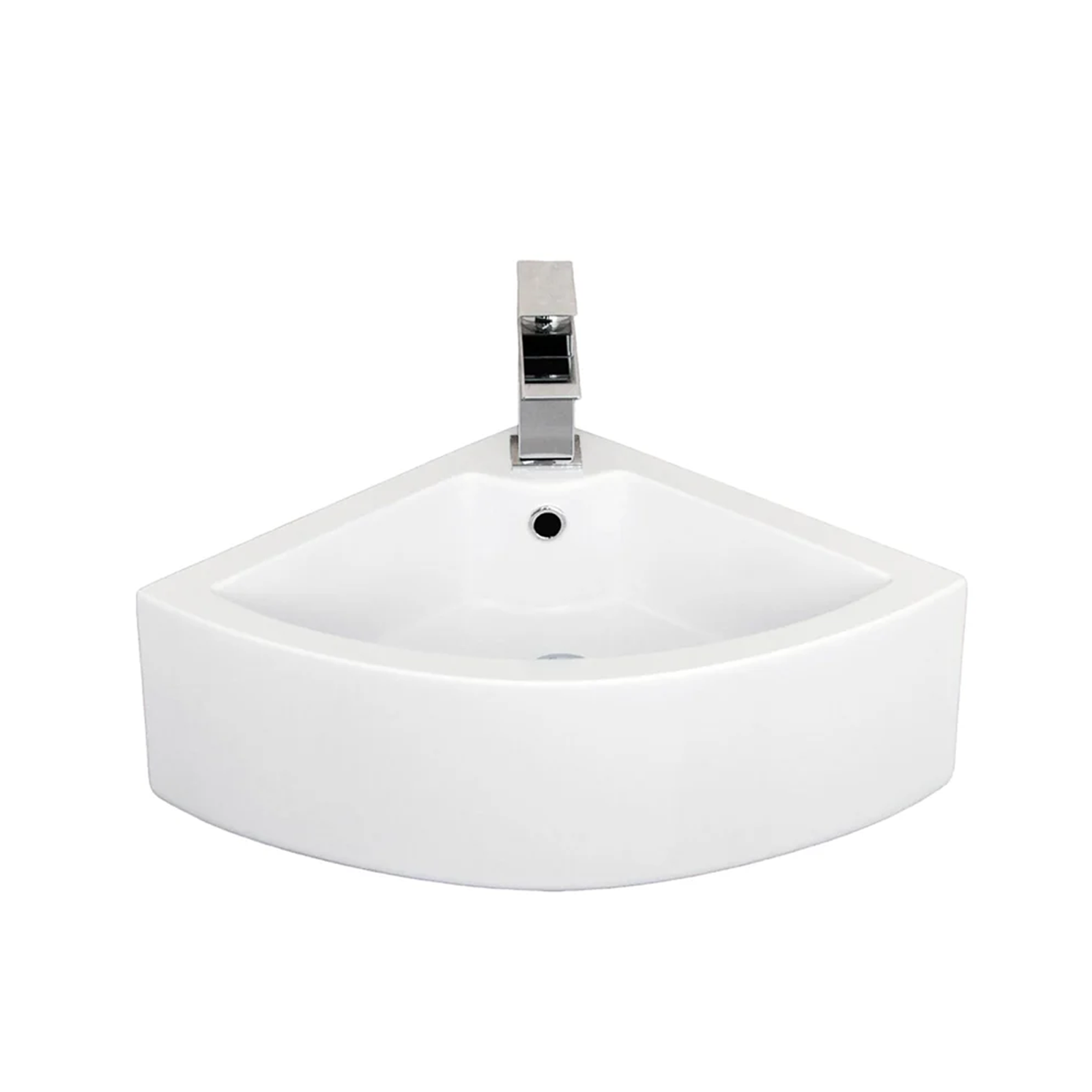 Tulla 670 x 470mm Cloakroom Quarter Circle Corner Basin & Theo Rimless Toilet & Chrome Basin Tap & Waste Set