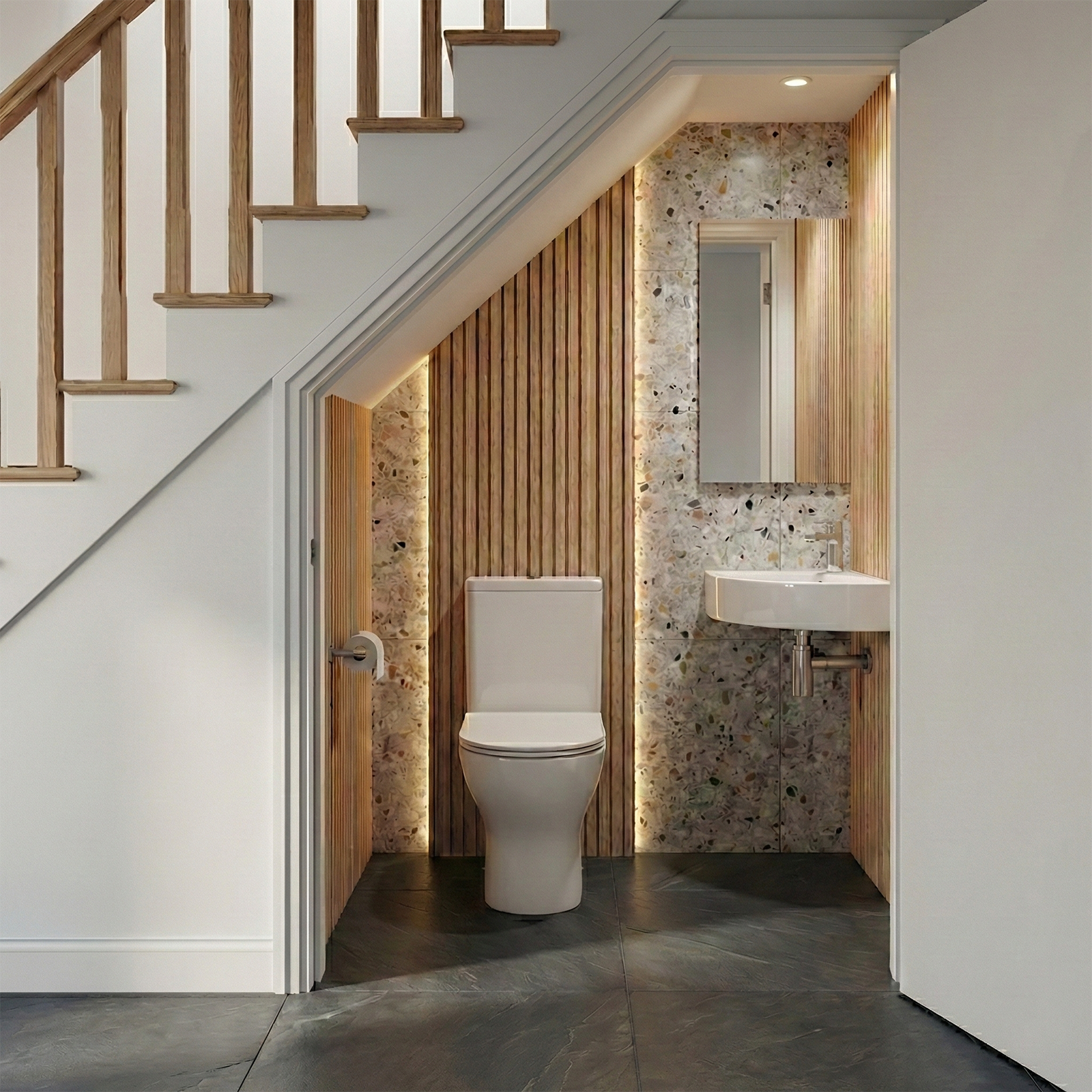 Tulla Cloakroom Quarter Circle Corner Basin & Theo Contemporary Rimless Close Coupled Toilet Set