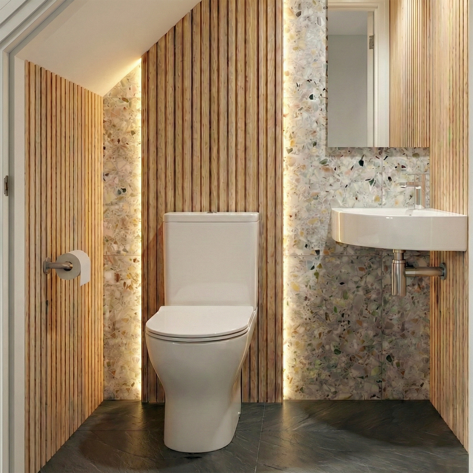 Tulla Cloakroom Quarter Circle Corner Basin & Theo Contemporary Rimless Close Coupled Toilet Set