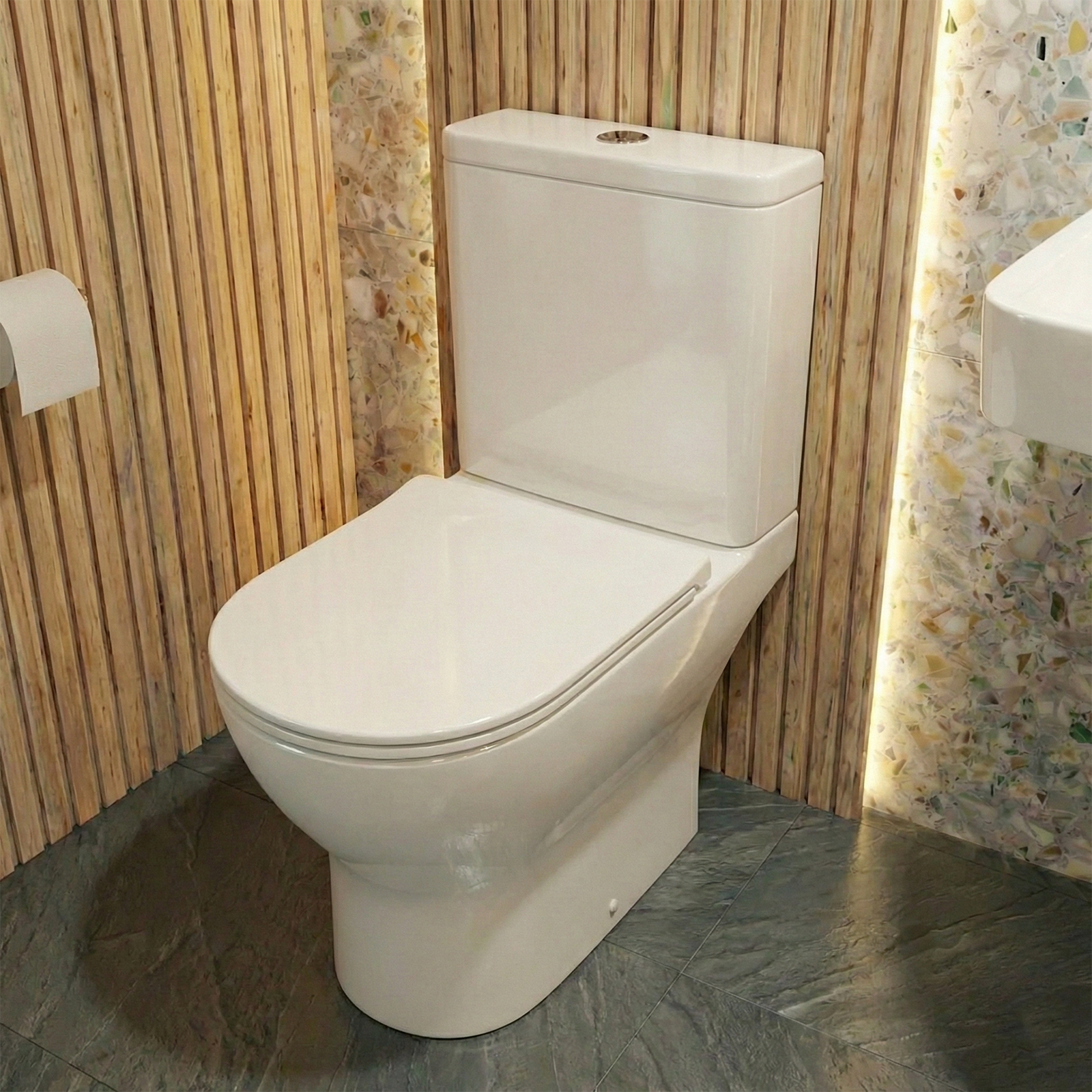 Tulla Cloakroom Quarter Circle Corner Basin & Theo Contemporary Rimless Close Coupled Toilet Set
