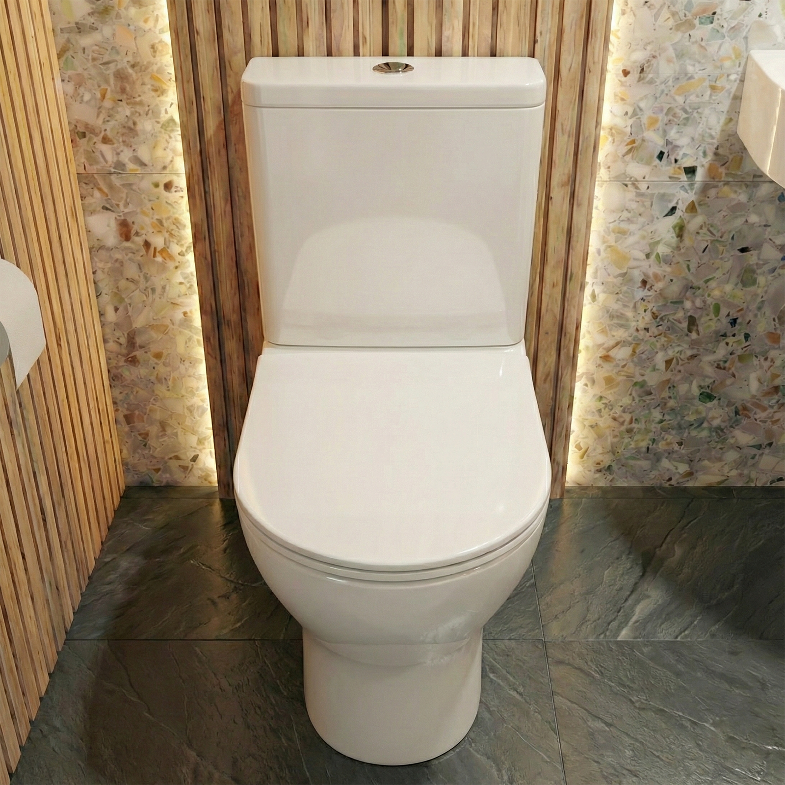 Tulla Cloakroom Quarter Circle Corner Basin & Theo Contemporary Rimless Close Coupled Toilet Set