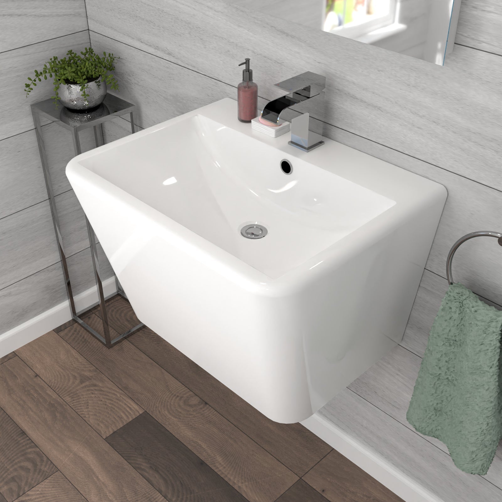 White Modern Rectangle Square Wall Hung Ceramic Basin