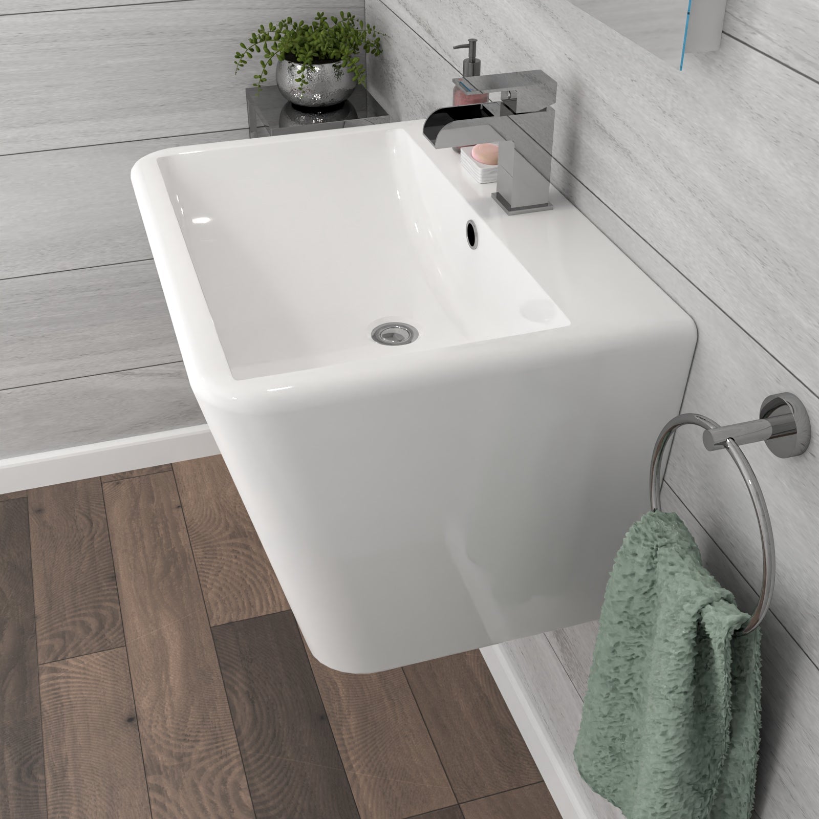 White Modern Rectangle Square Wall Hung Ceramic Basin