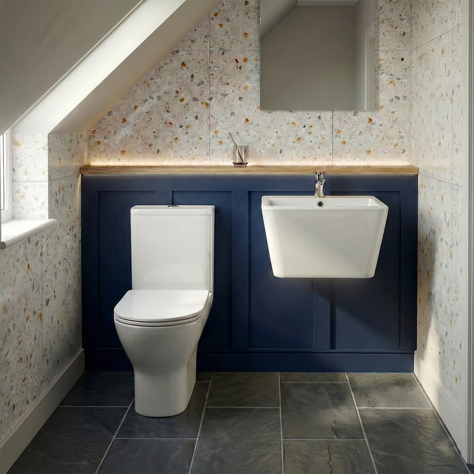 White Modern Cloakroom Wall Hung Ceramic Basin & Theo Contemporary Rimless Close Coupled Toilet Set