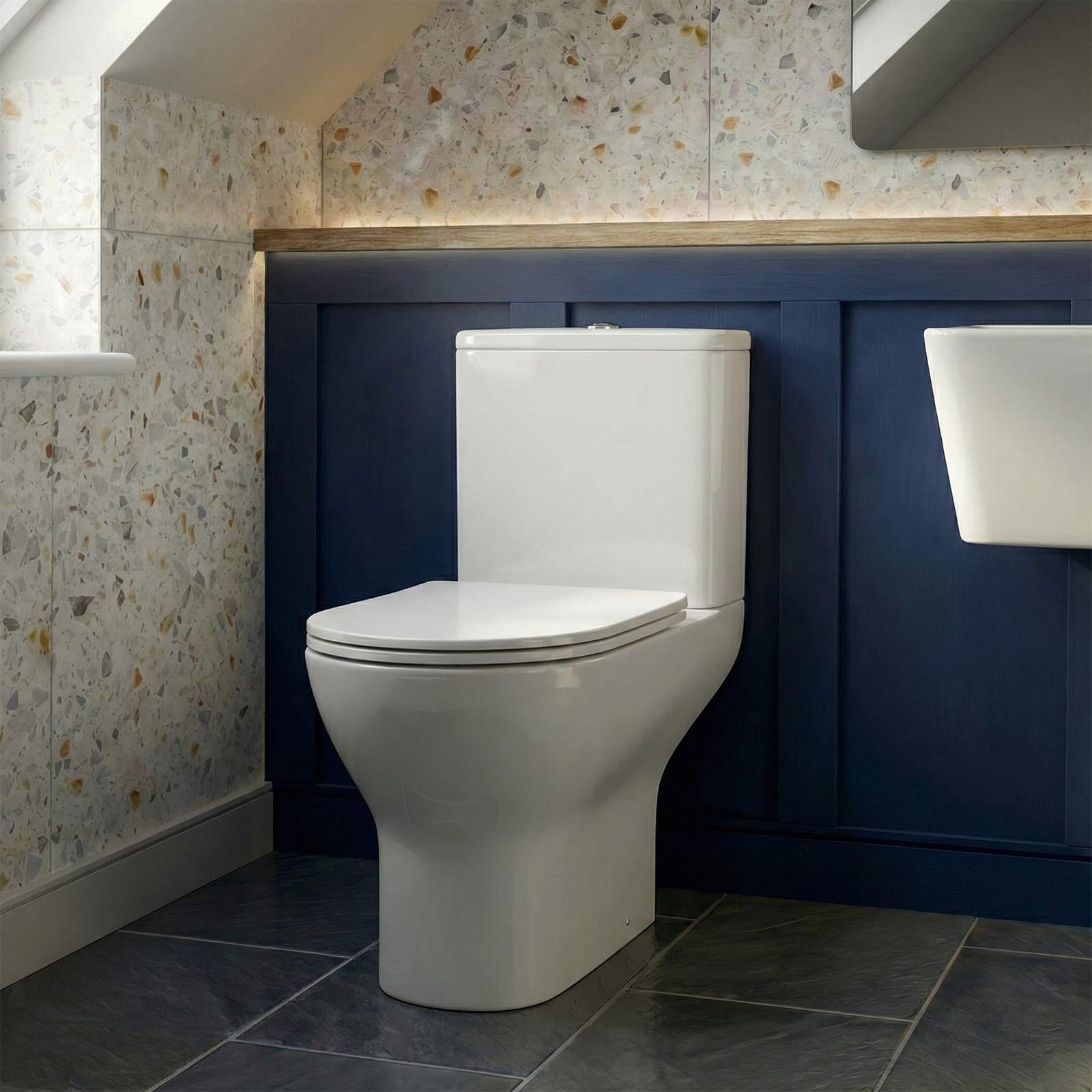 White Modern Cloakroom Wall Hung Ceramic Basin & Theo Contemporary Rimless Close Coupled Toilet Set