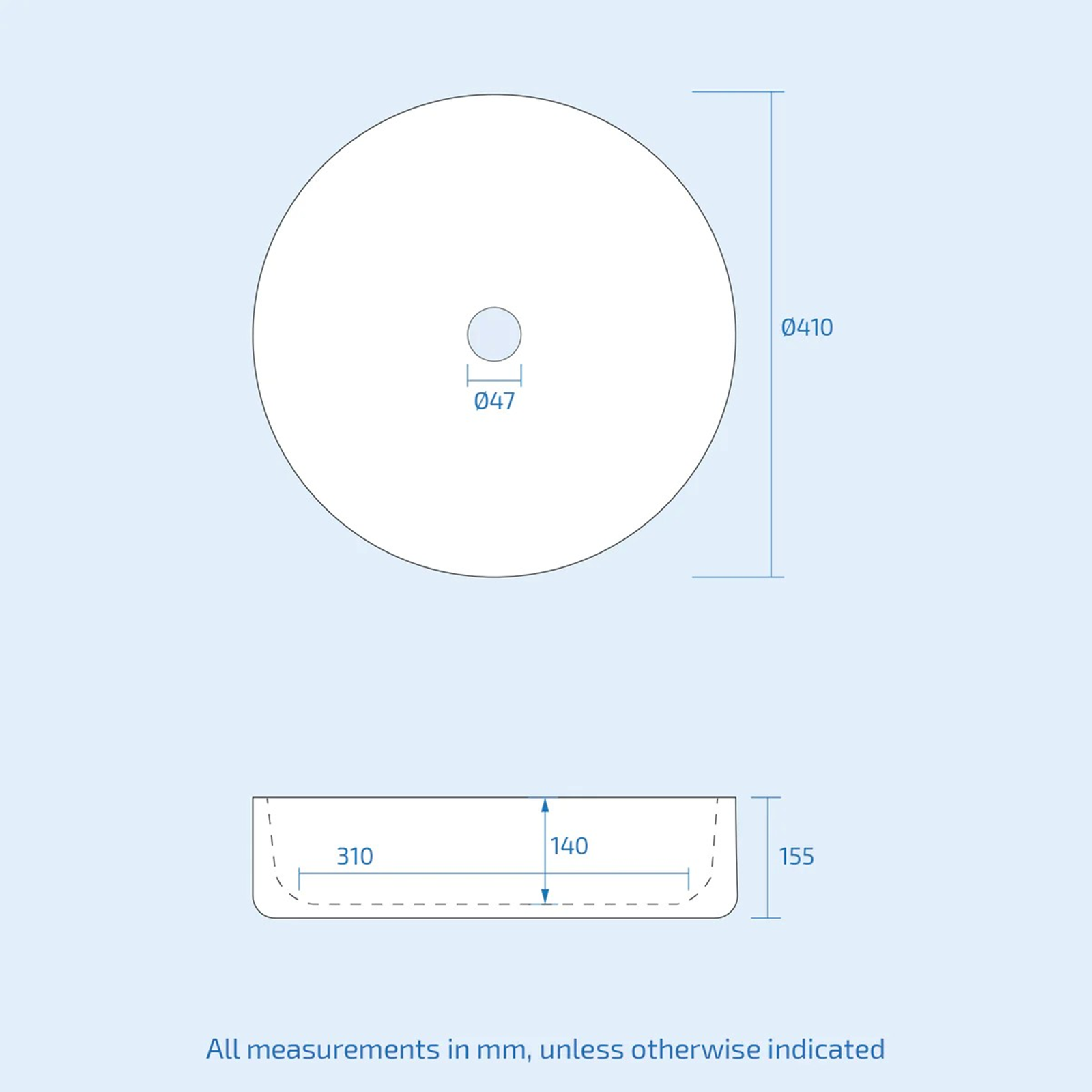 Technical drawing of a circular object with dimensions on a light blue background