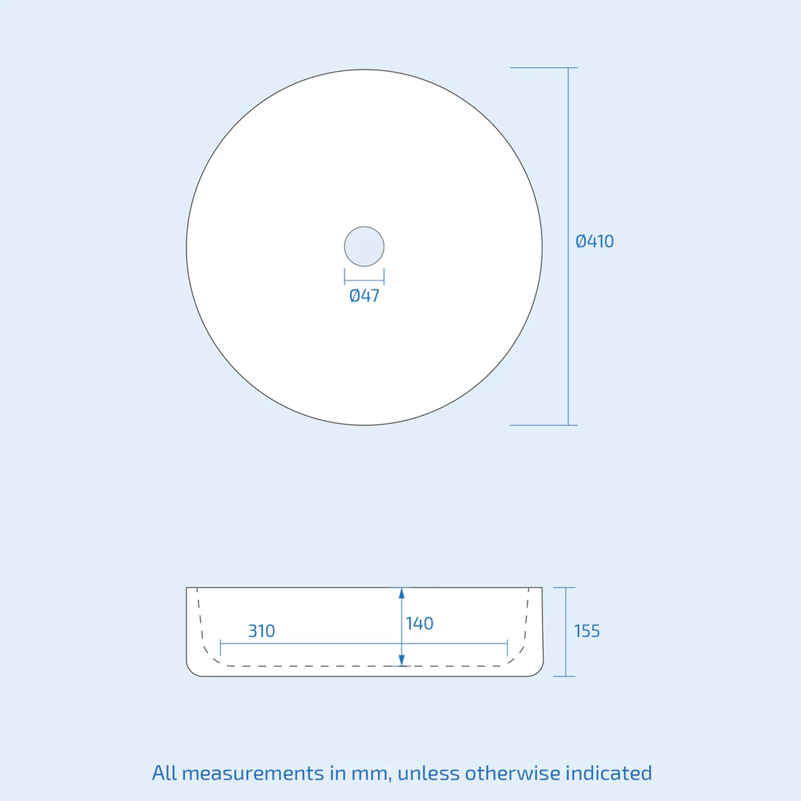 Technical drawing of a circular object with dimensions on a light blue background