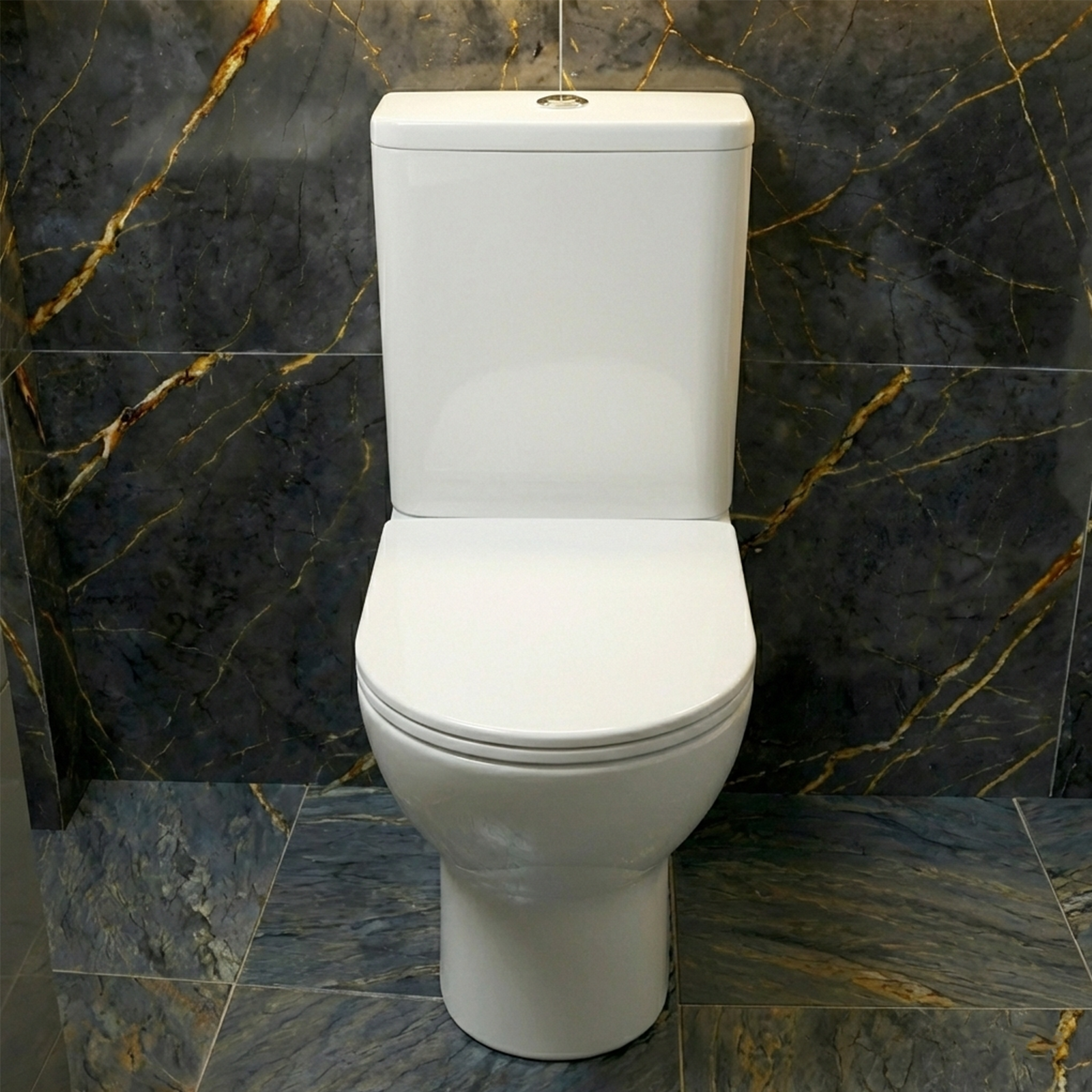 Rimless Close Coupled Toilet on a marble tiled background