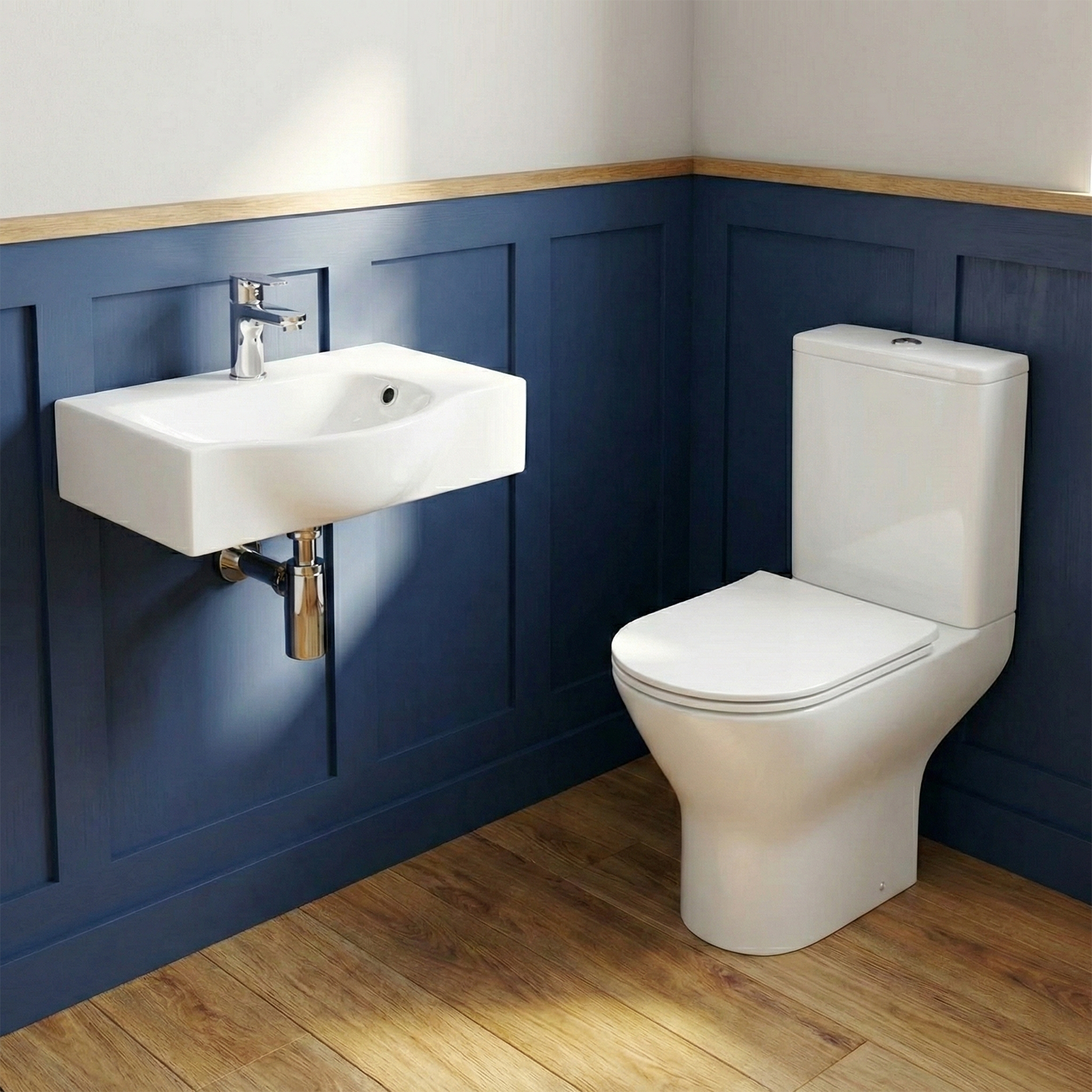Tulla Cloakroom Wall Hung Right Hand Rectangular Basin & Oakham Rimless Close Coupled Toilet Set