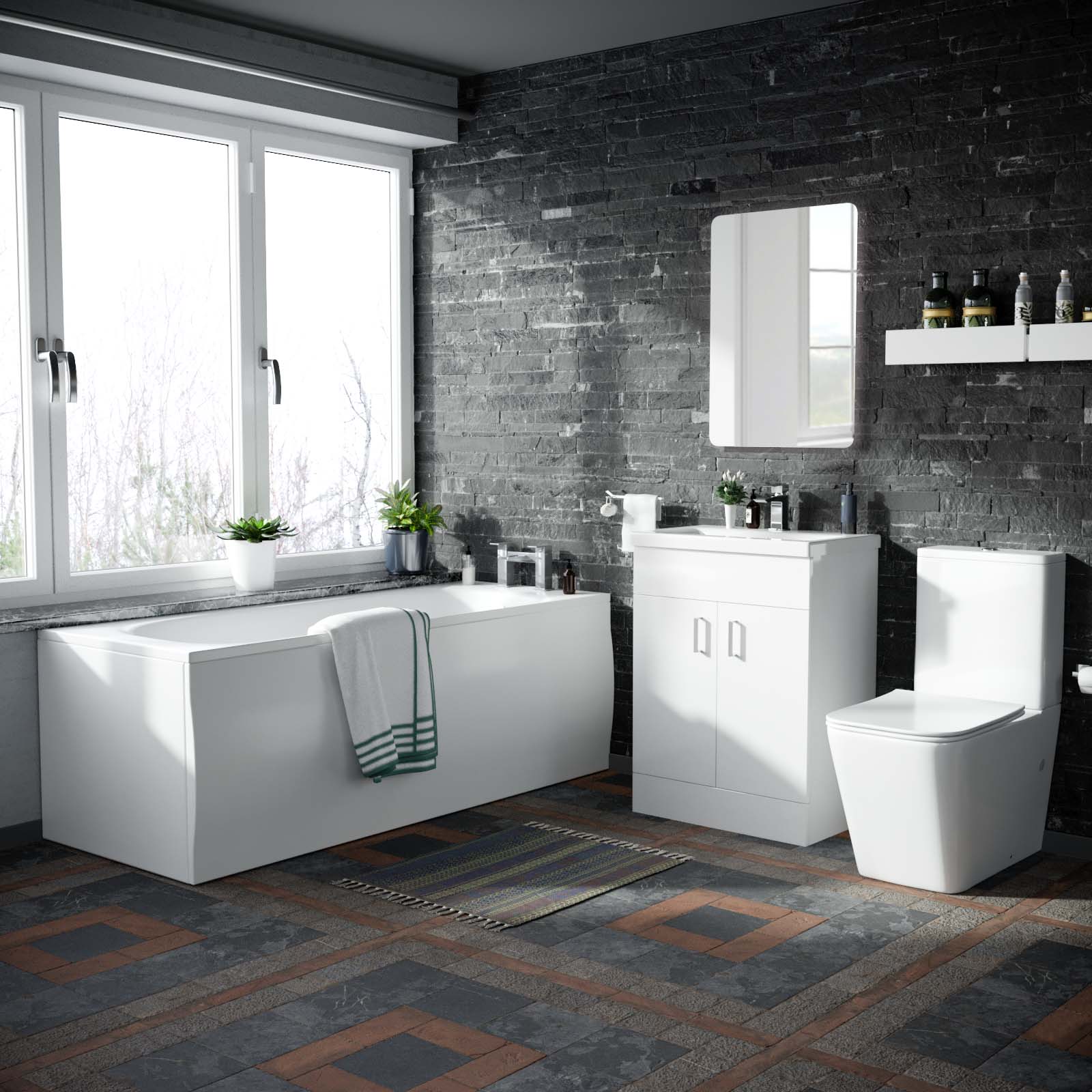 Nanuya Bath, Rimless Toilet Vanity Unit Three Piece White Bathroom Suite