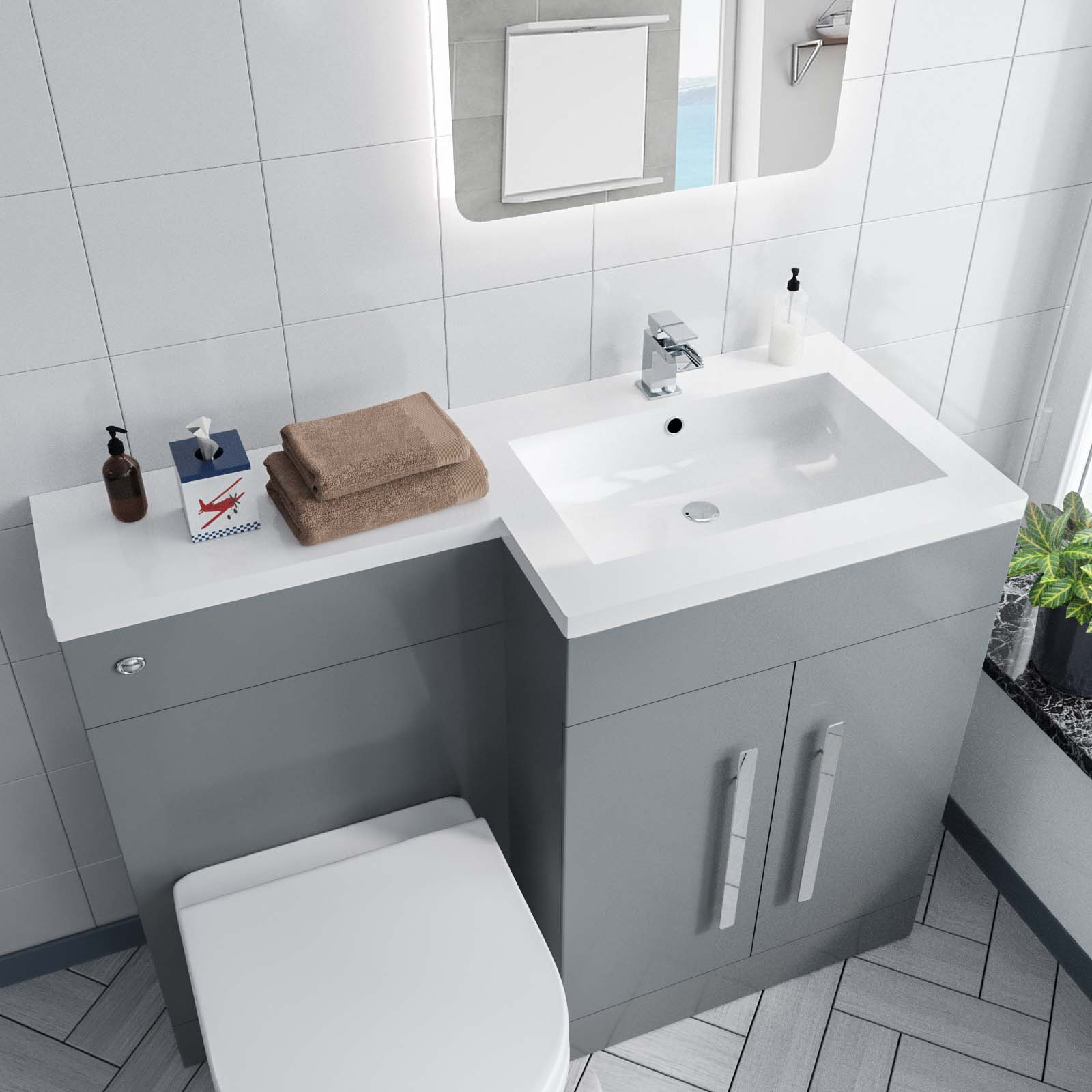 Aric 1100mm Right Flat Pack Vanity Basin, WC Unit & Back To Wall Rimless Toilet Grey