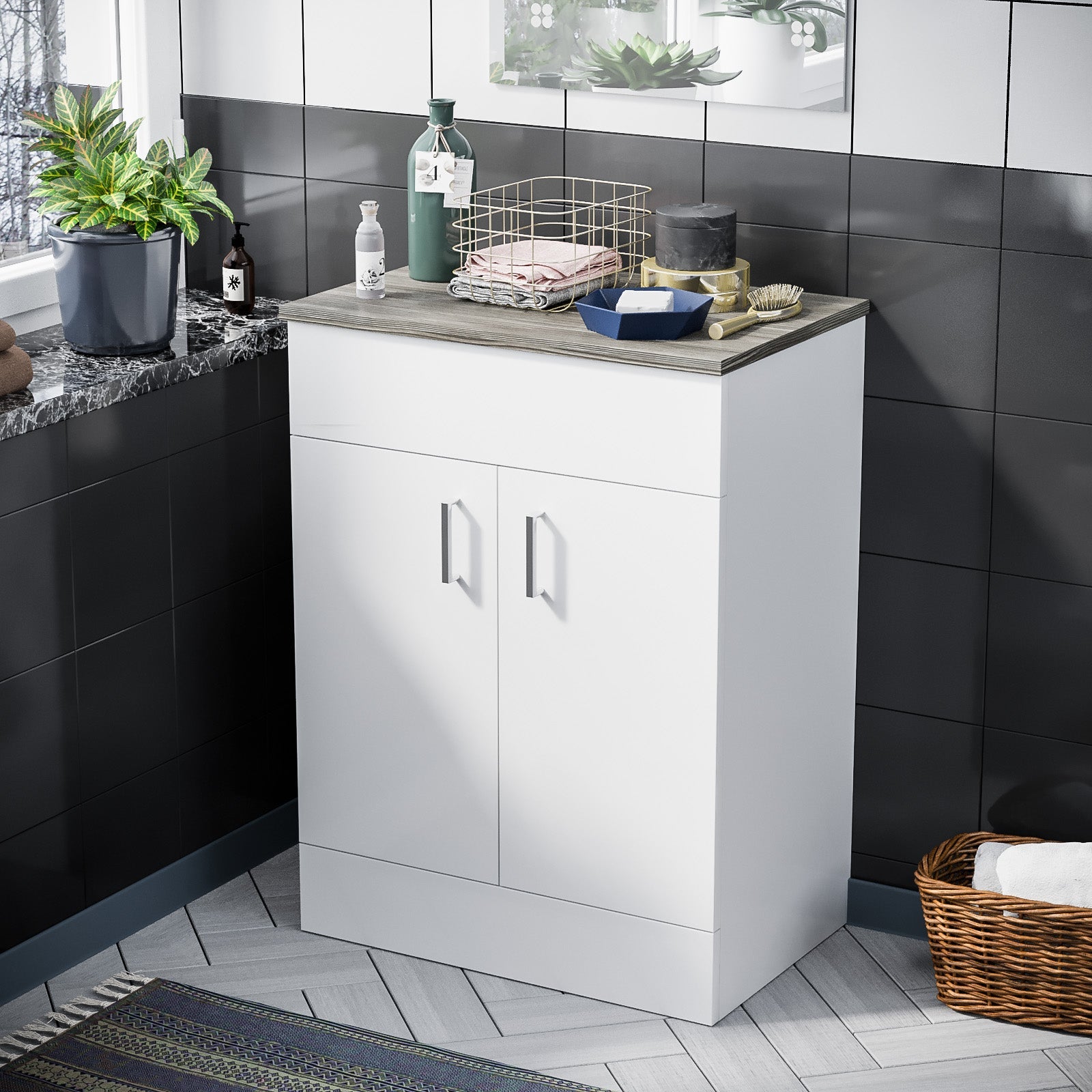 Nanuya 600mm White Floorstanding Vanity Unit Oak Flat Pack