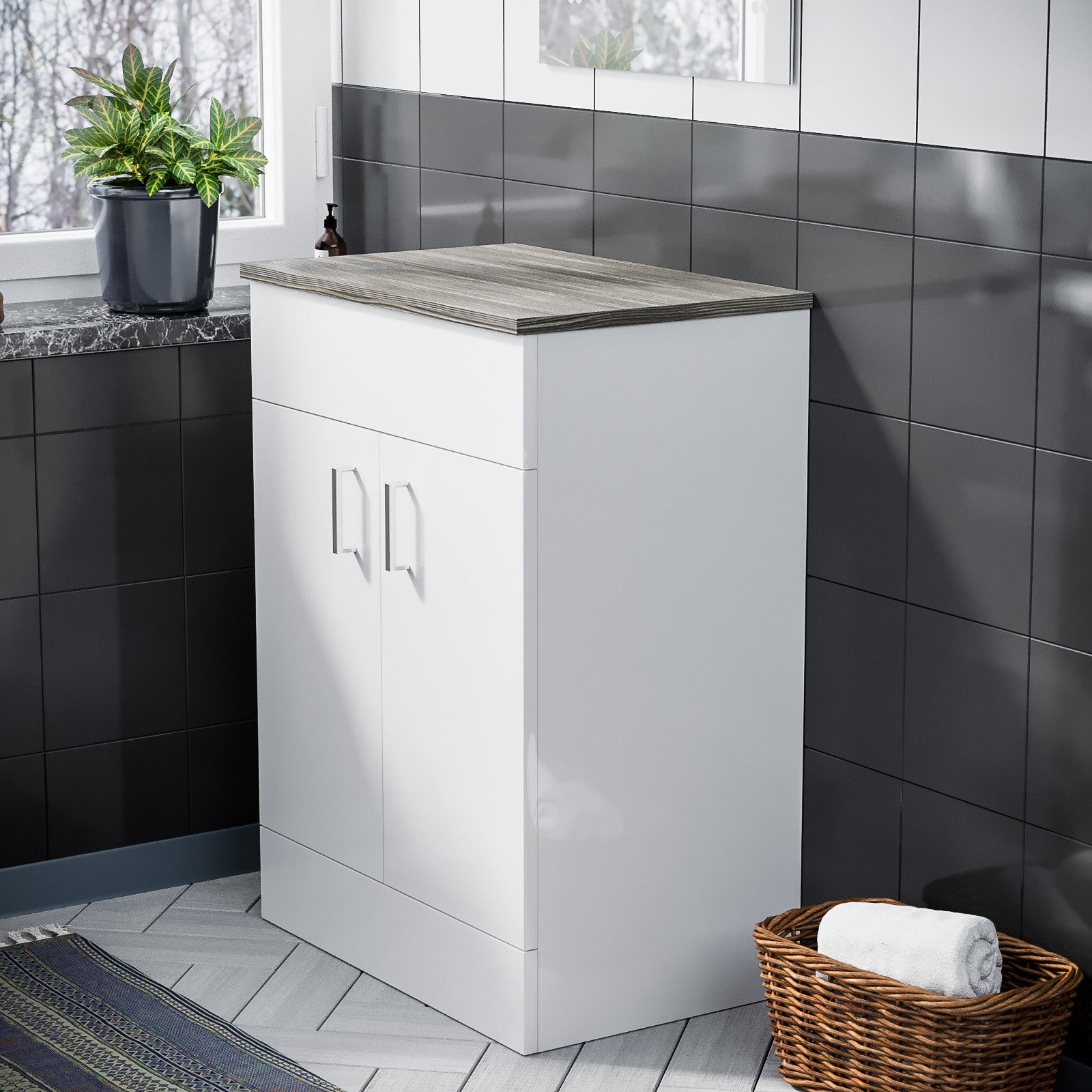 Nanuya 600mm White Floorstanding Vanity Unit Oak Flat Pack