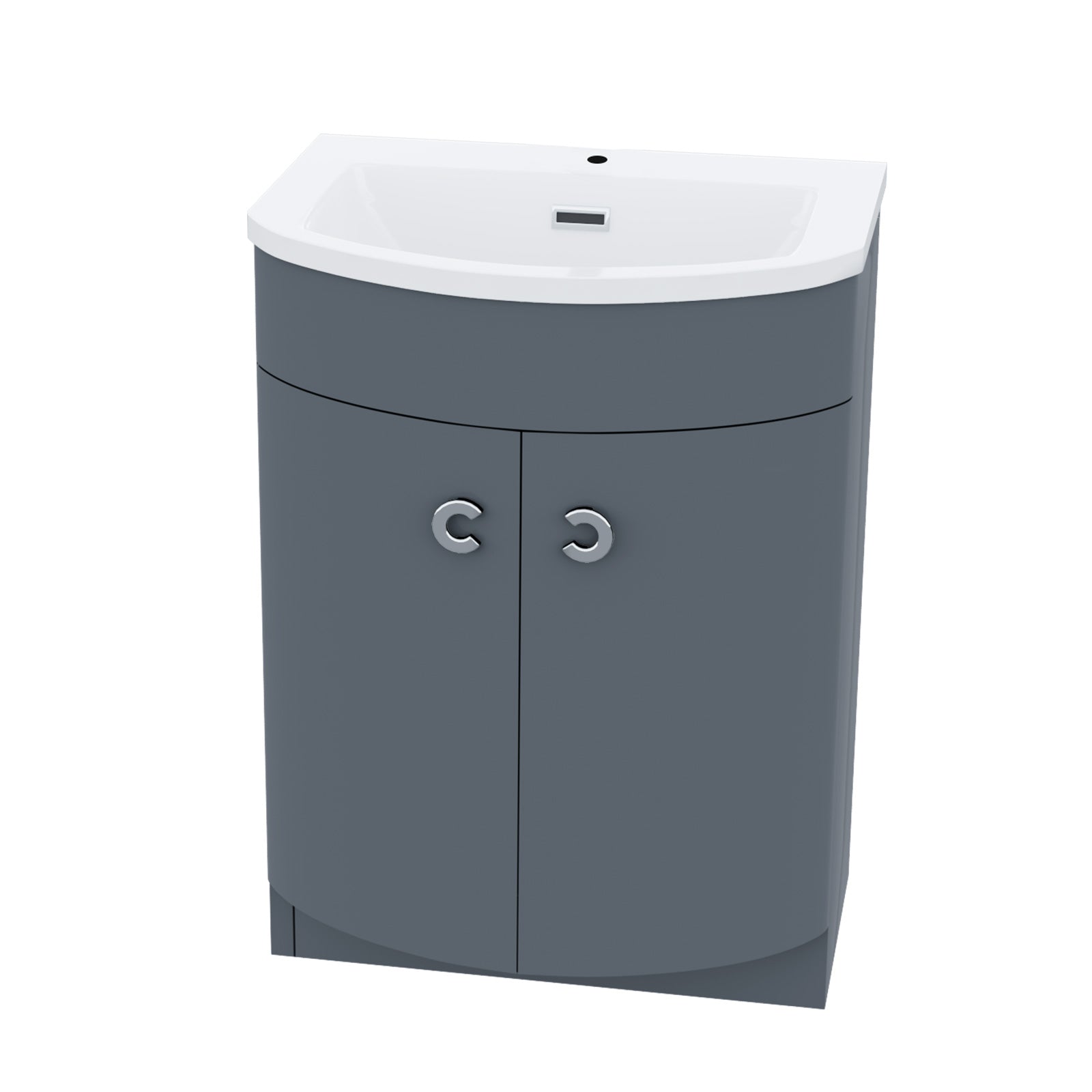 Gray corner cabinet with white sink on a white background