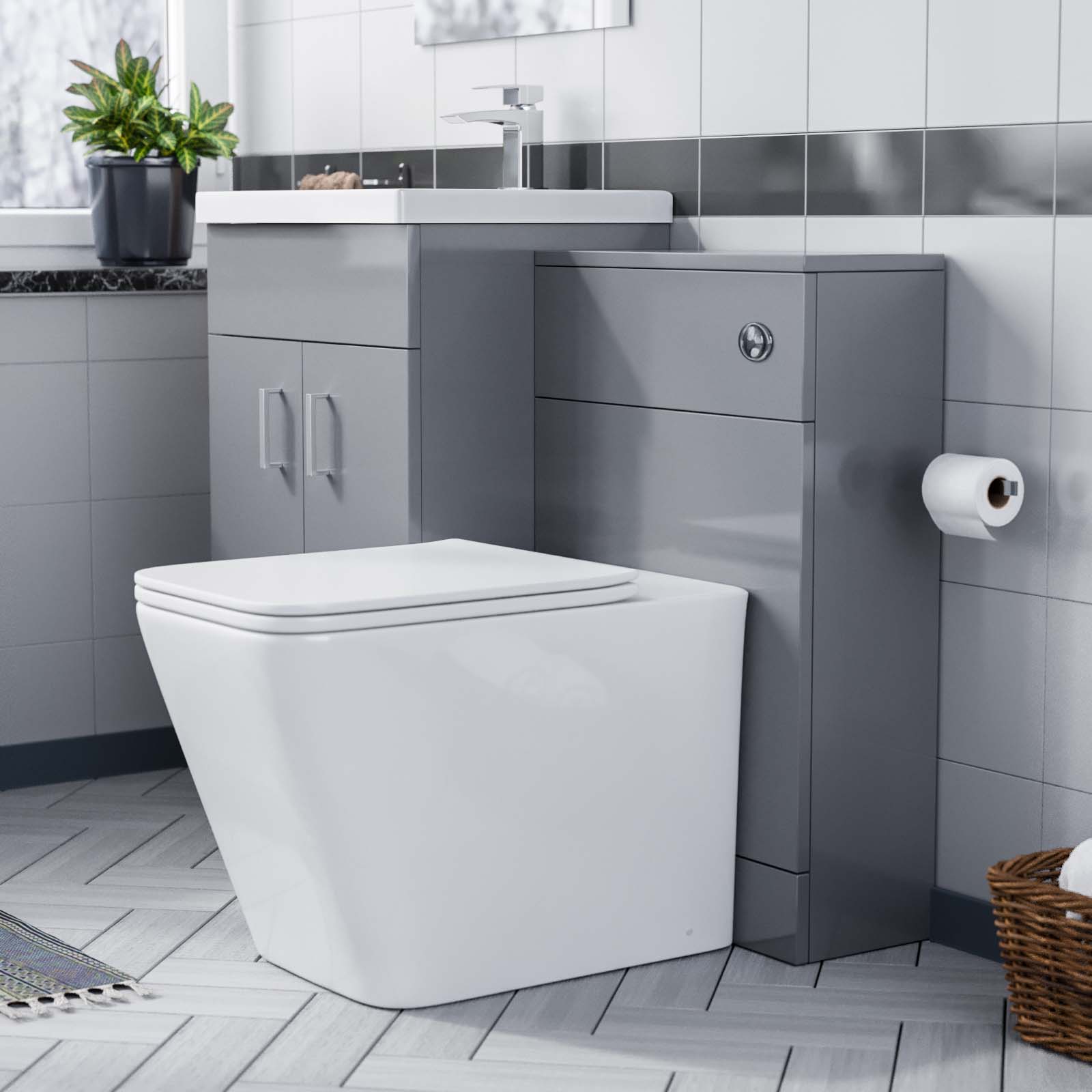 Grey 500mm Floor Standing Vanity Unit, WC & Square Rimless Toilet