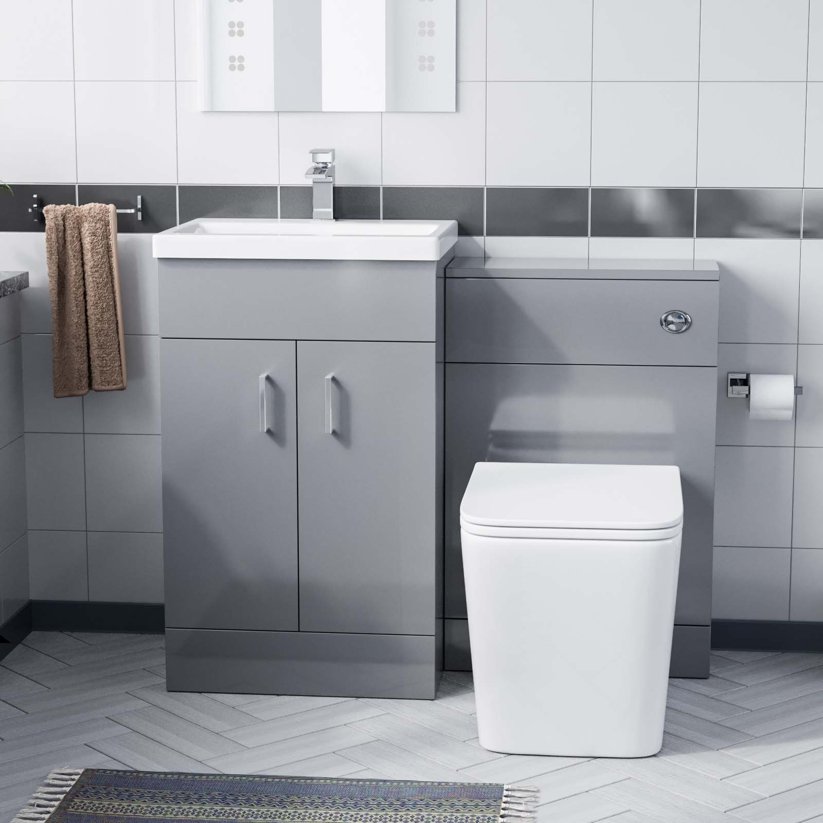 Grey 500mm Floor Standing Vanity Unit, WC & Square Rimless Toilet
