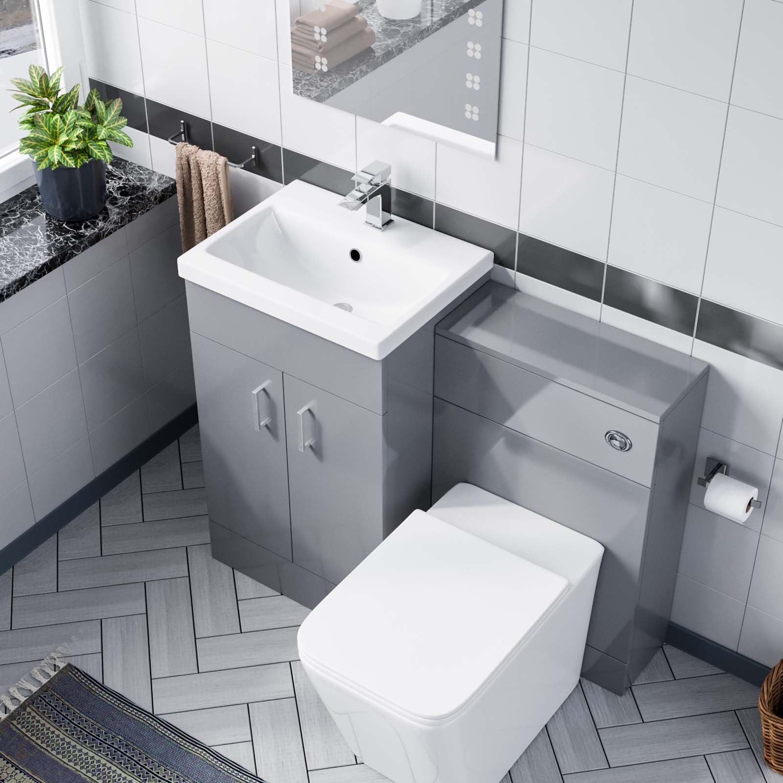Grey 500mm Floor Standing Vanity Unit, WC & Square Rimless Toilet