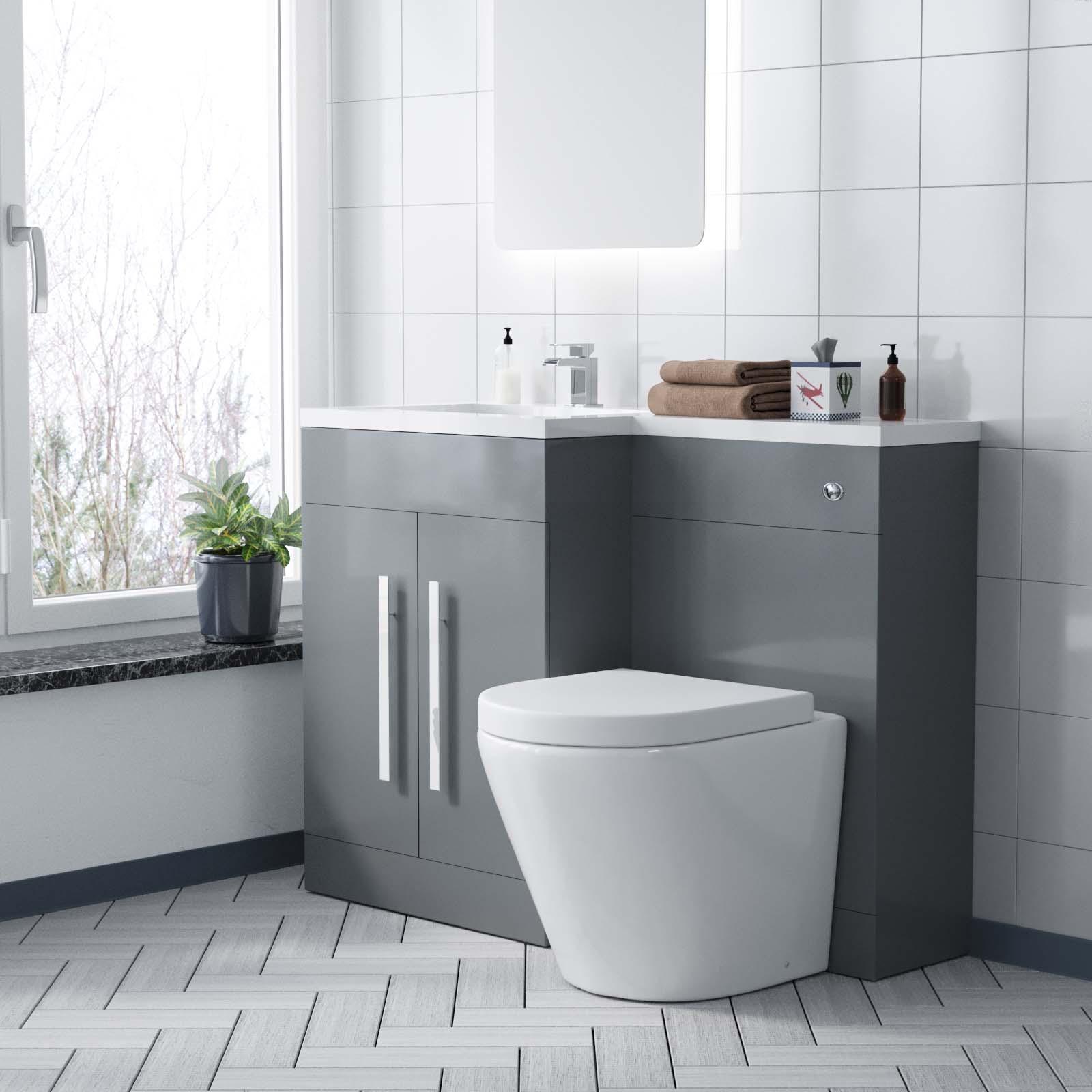 Aric 1100mm Left Flat Pack Vanity Basin, WC Unit & Back To Wall Rimless Toilet Grey