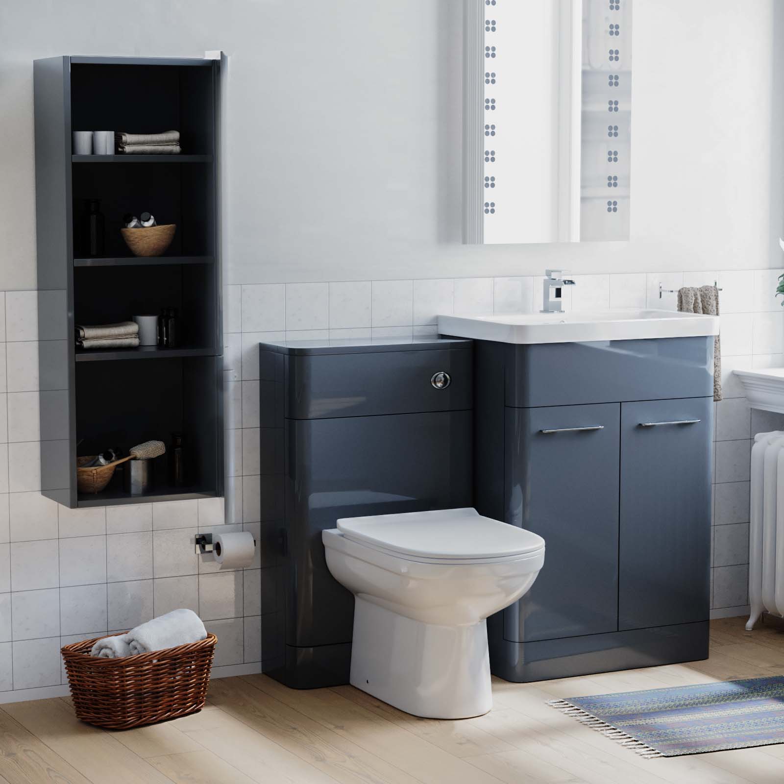 Afern 600mm Flat Pack Grey Vanity Basin Unit, WC Unit, BTW Toilet and Wall Cabinet