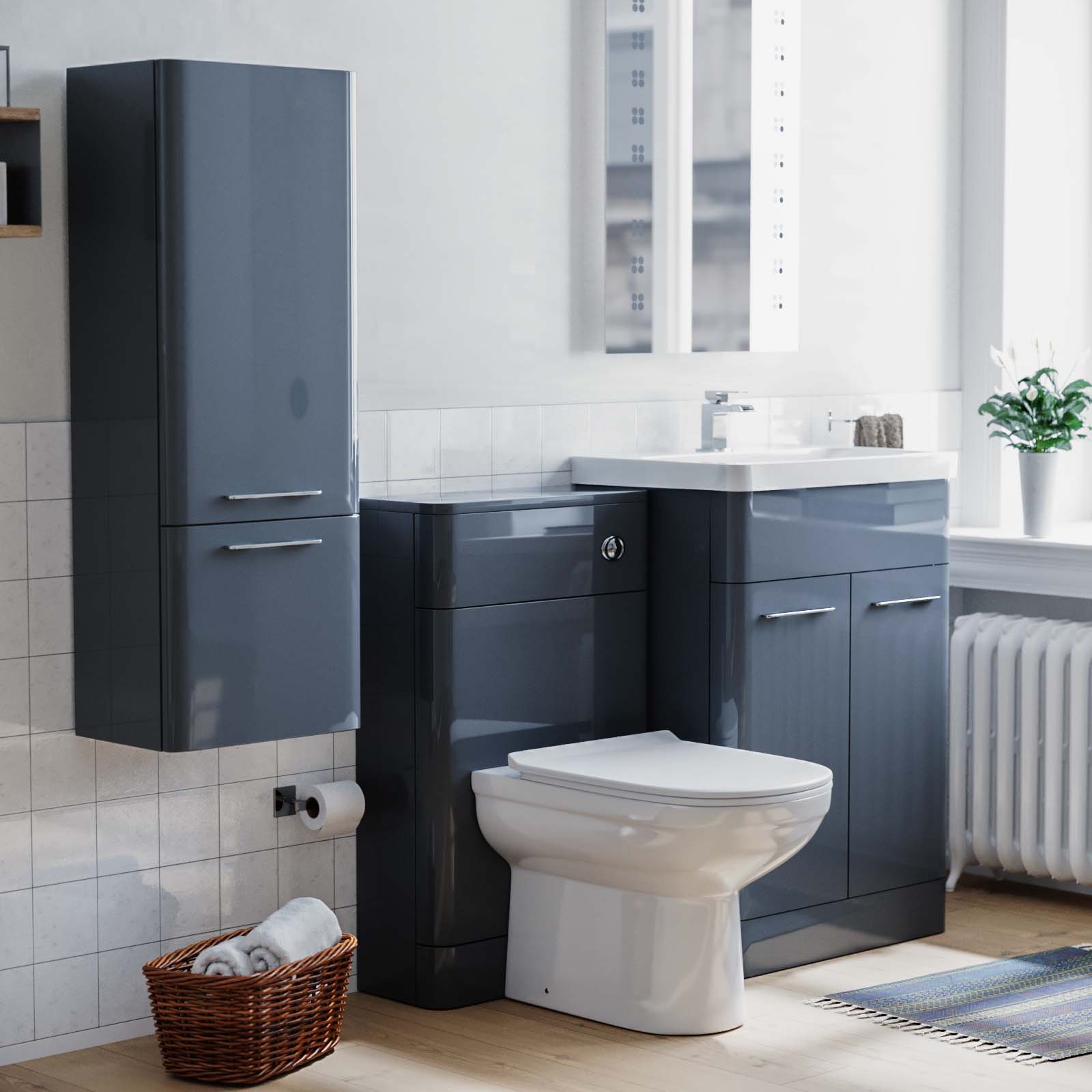 Afern 600mm Flat Pack Grey Vanity Basin Unit, WC Unit, BTW Toilet and Wall Cabinet