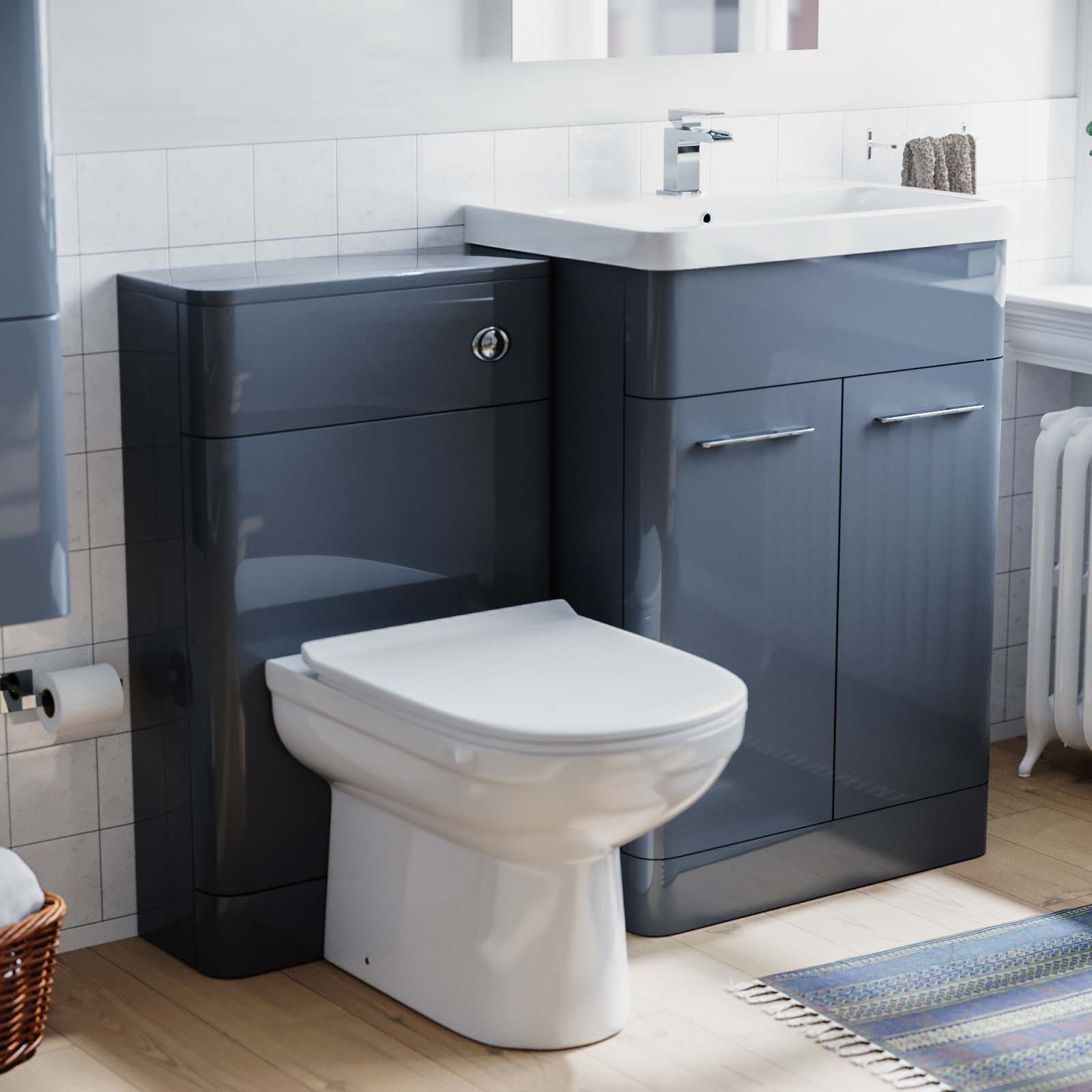 Afern 600mm Flat Pack Grey Vanity Basin Unit, WC Unit, BTW Toilet and Wall Cabinet