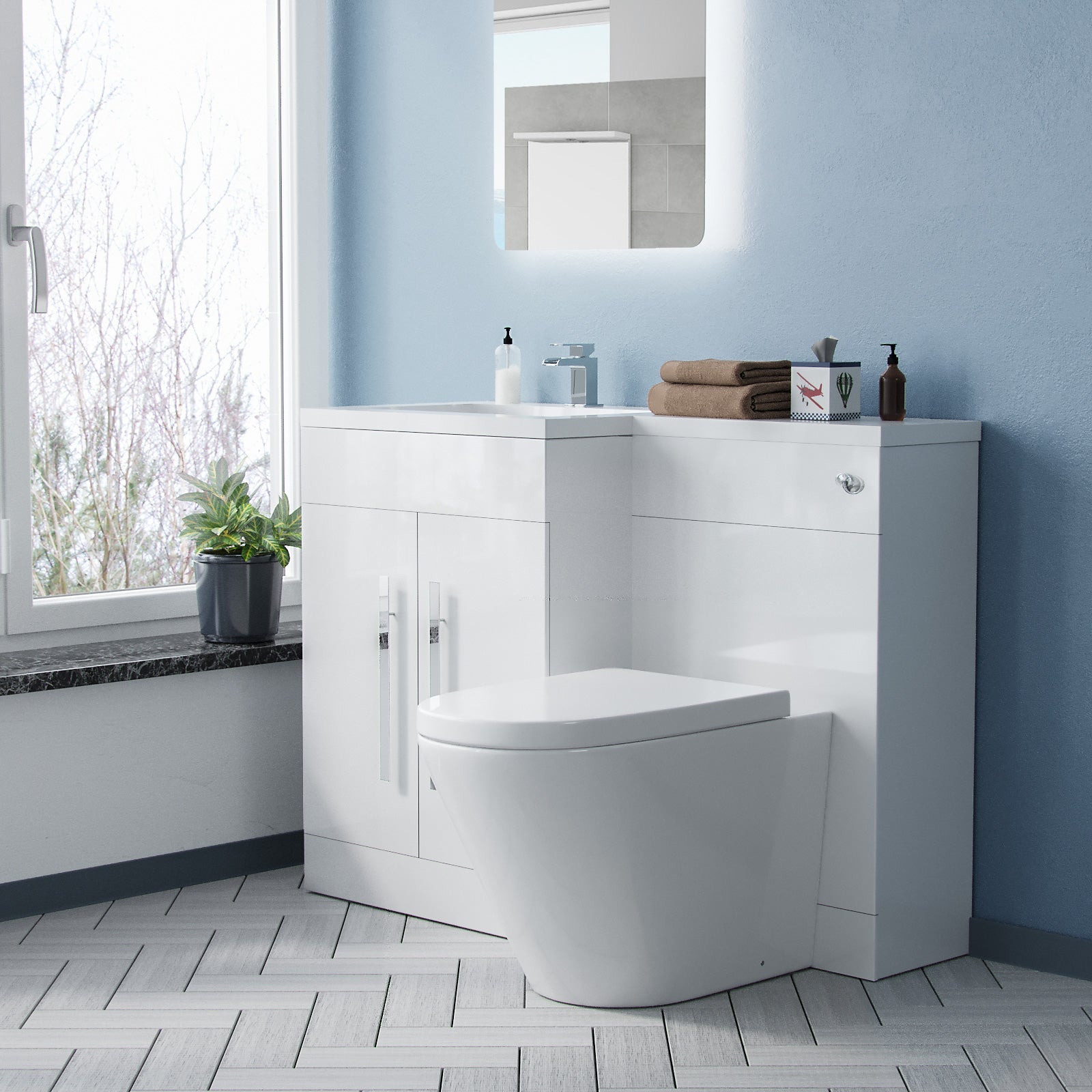 Aric 1100mm LH Vanity Basin Unit, WC Unit & Rimless Back To Wall Toilet White Flat Pack