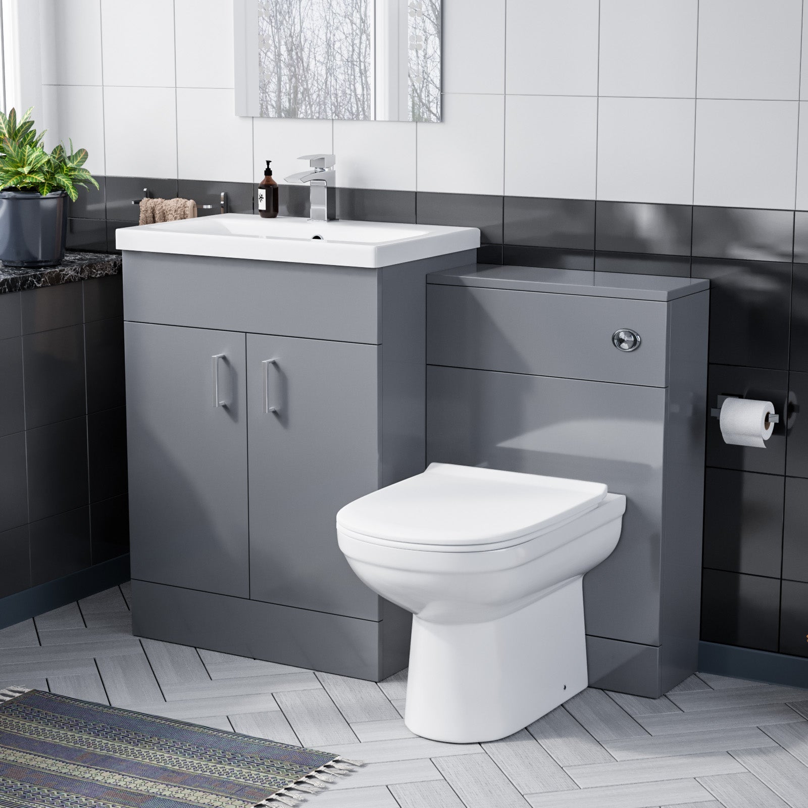 Nanuya 600mm Light Grey Free Standing Cabinet, Ceramic Basin & BTW Pan with Soft Close Seat Flat Pack