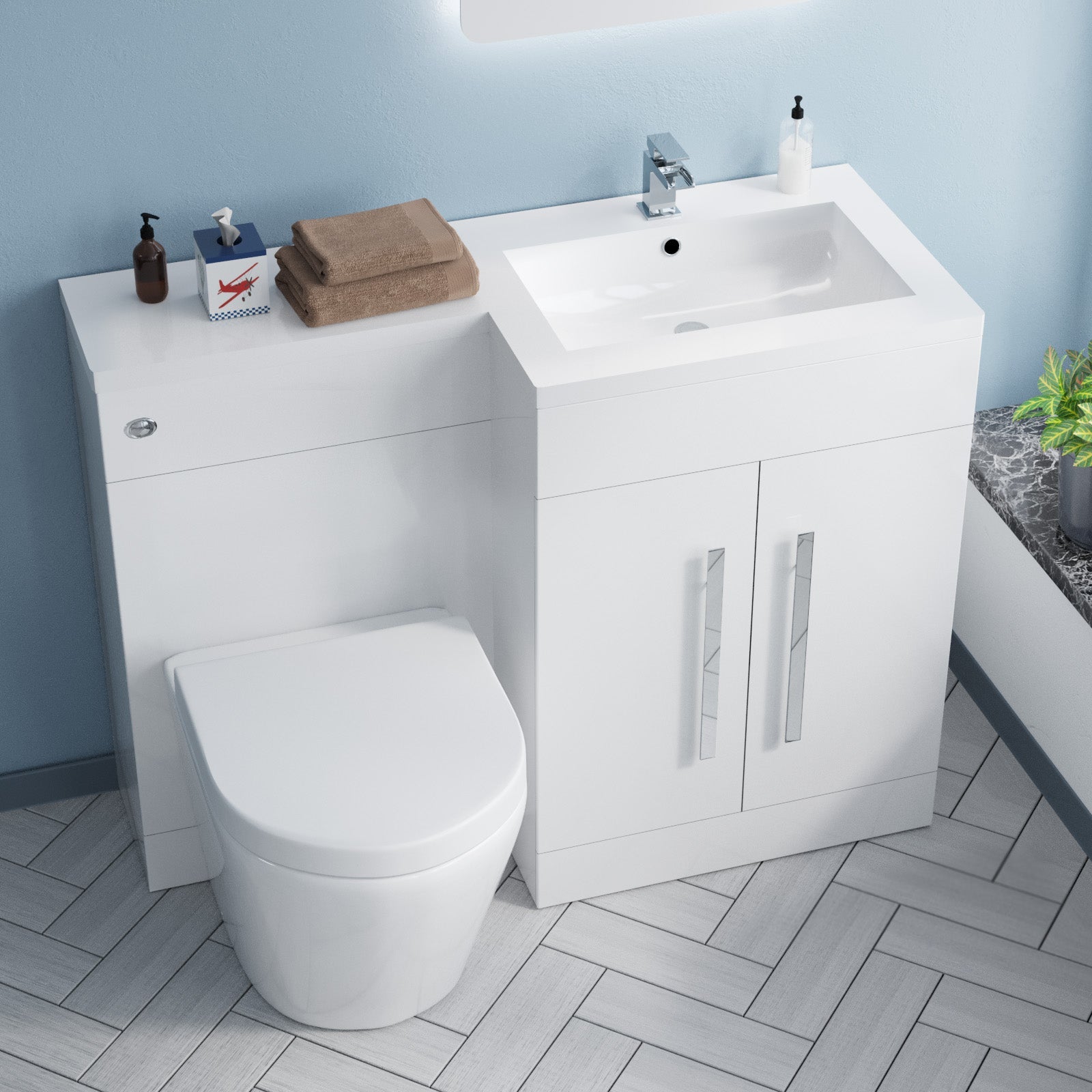 Aric 1100mm RH Vanity Basin Unit, WC Unit & Eddy Rimless Back To Wall Toilet White Flat Pack