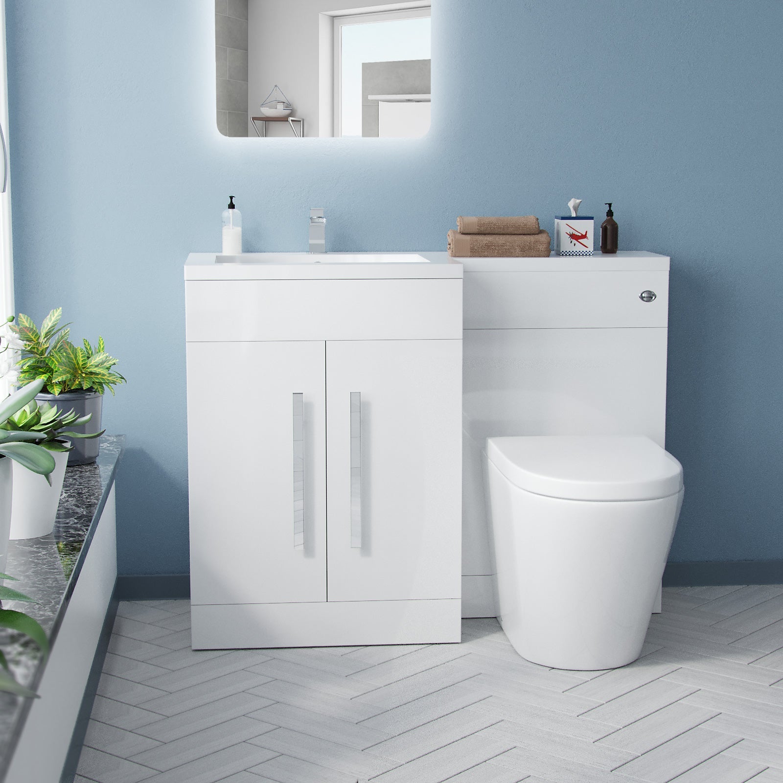 Aric 1100mm LH Vanity Basin Unit, WC Unit & Rimless Back To Wall Toilet White Flat Pack