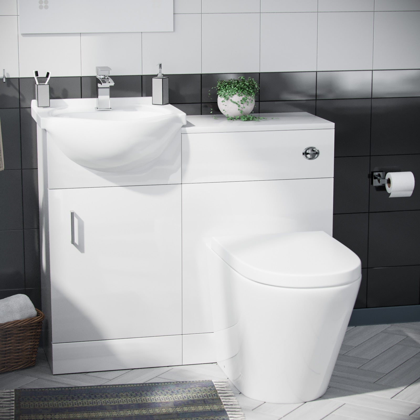 Ellen Cloakroom 950mm White Basin Vanity Unit, WC Unit & BTW Toilet - Flat Pack