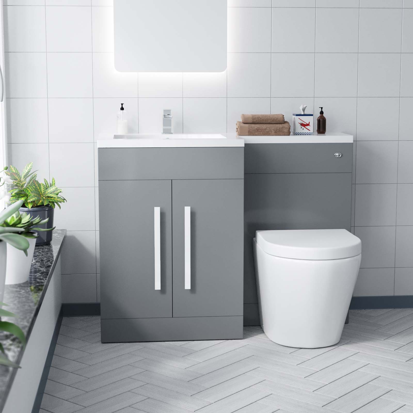 Aric 1100mm Left Flat Pack Vanity Basin, WC Unit & Back To Wall Rimless Toilet Grey