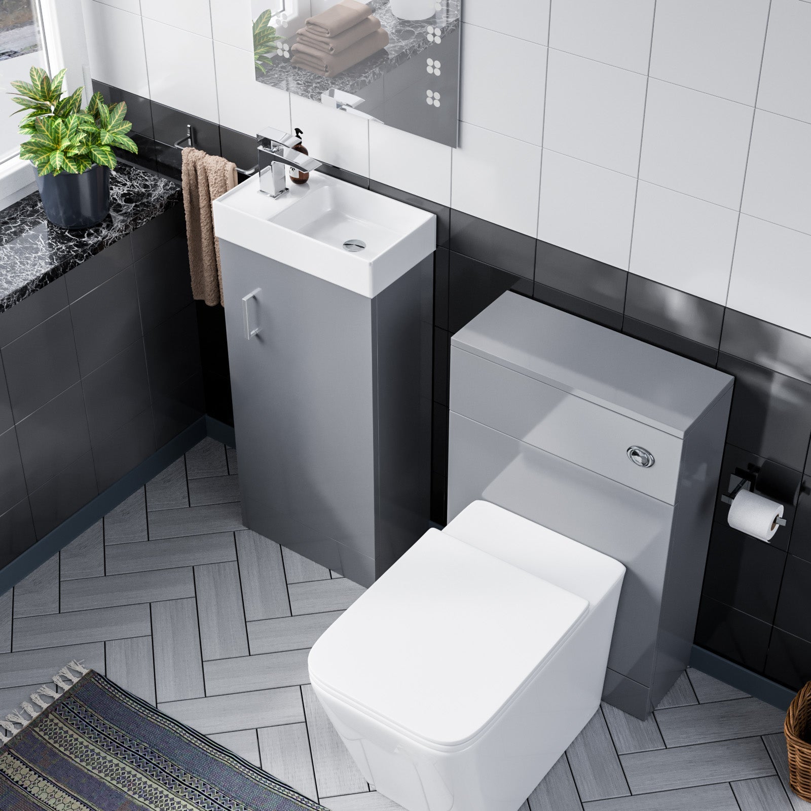 Nanuya 400mm LightGrey  Floorstanding Basin Vanity & Concealed Cistern WC Toilet