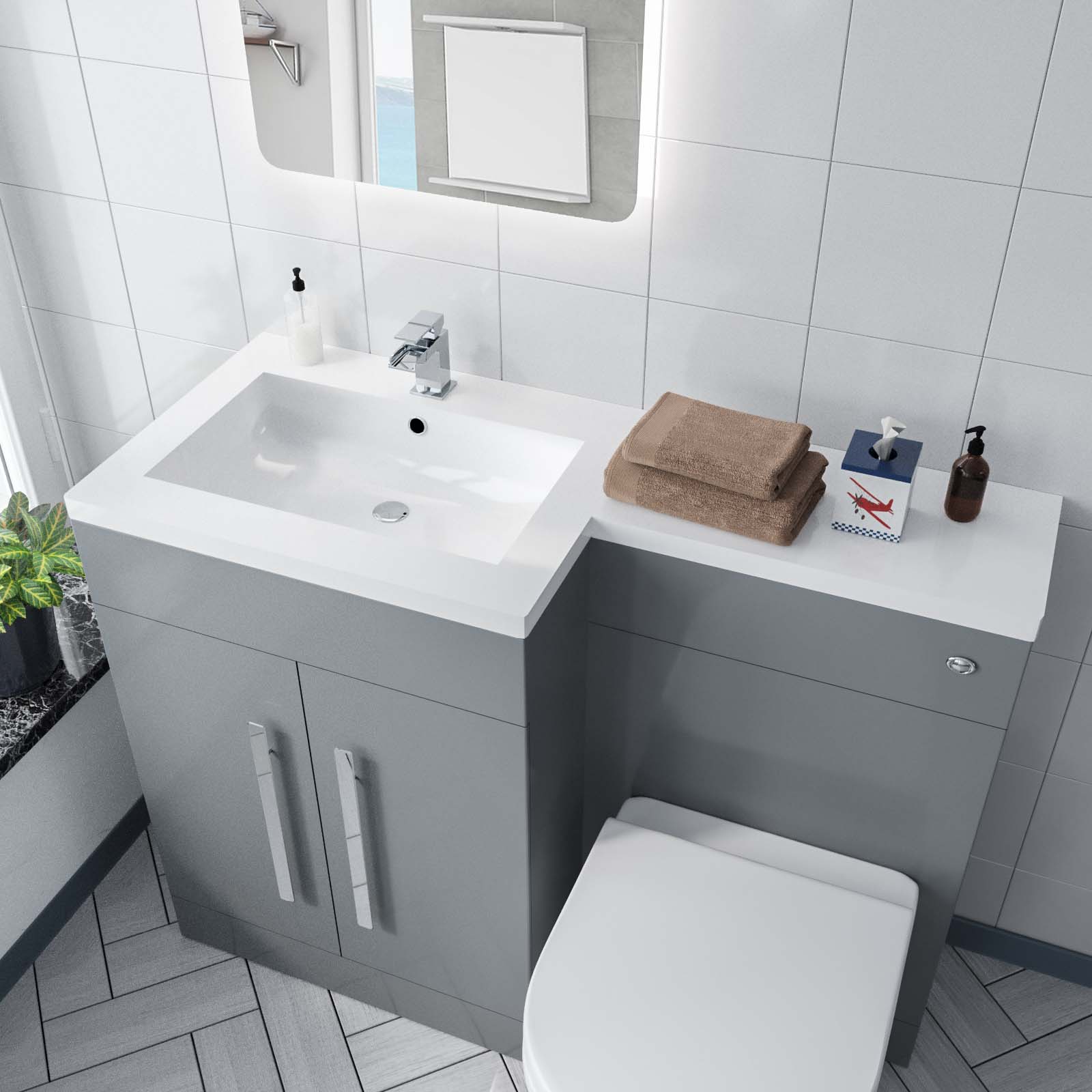 Aric 1100mm Left Flat Pack Vanity Basin, WC Unit & Back To Wall Rimless Toilet Grey