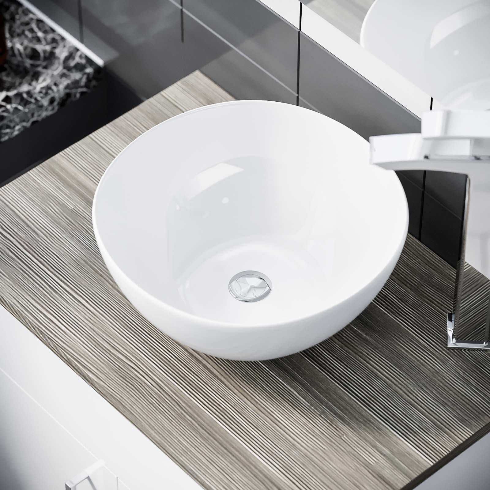 Nanuya 600mm White Vanity Cabinet with Oak Worktop and 320mm Round Basin