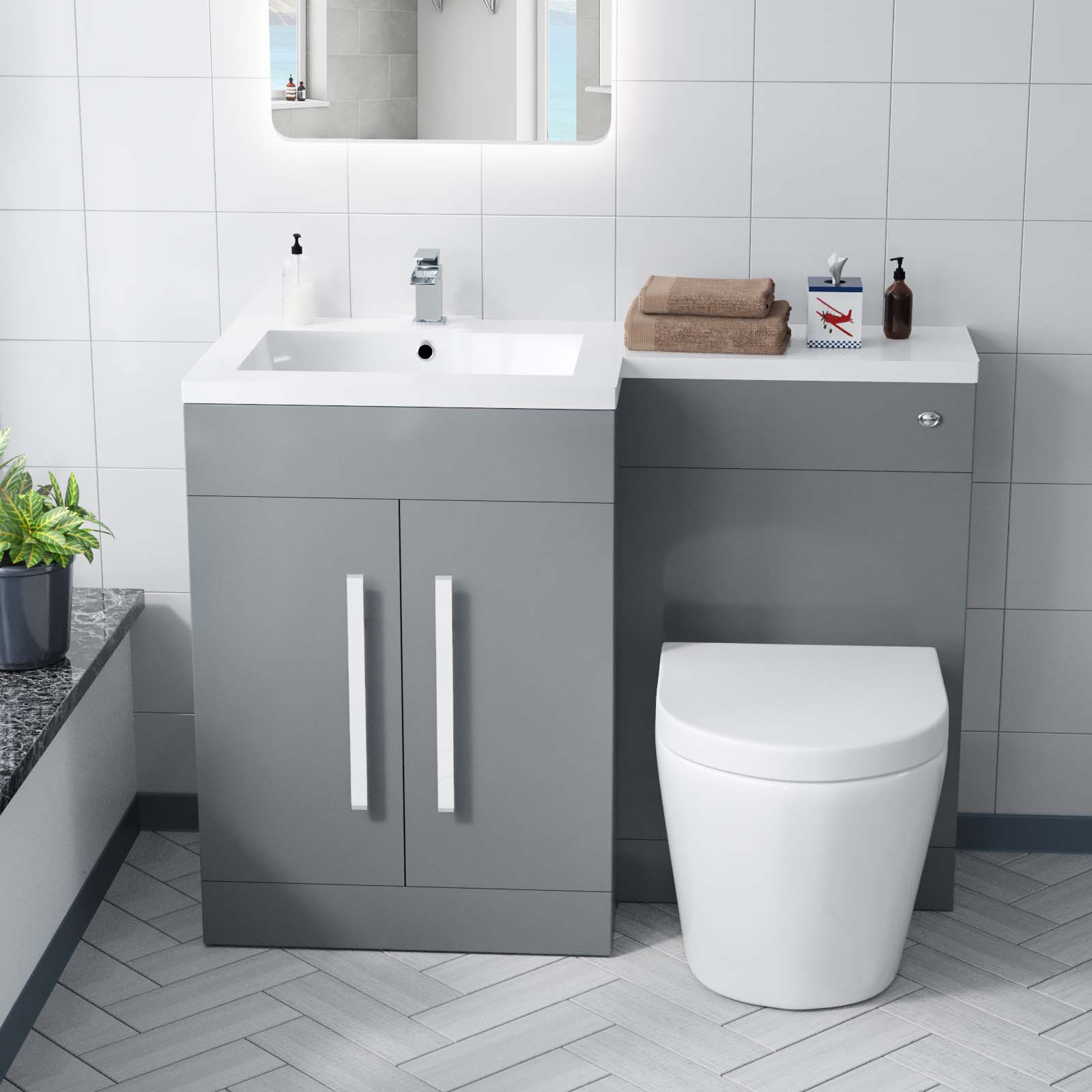 Aric 1100mm Left Flat Pack Vanity Basin, WC Unit & Back To Wall Rimless Toilet Grey